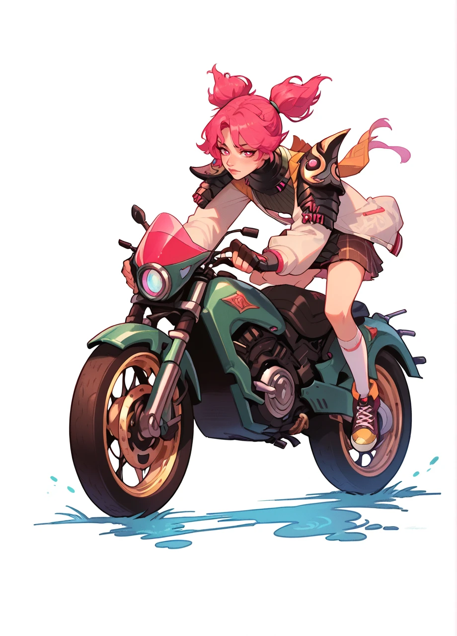 1girl, solo, full body, riding motorcycle, white background, fnjade, twintails, shoulder armor, skirt, fingerless gloves, pink hair, pink eyes, white socks, sneakers <lora:FN_Jade-PONY:0.8>, score_9, score_8_up, score_7_up, score_6_up,