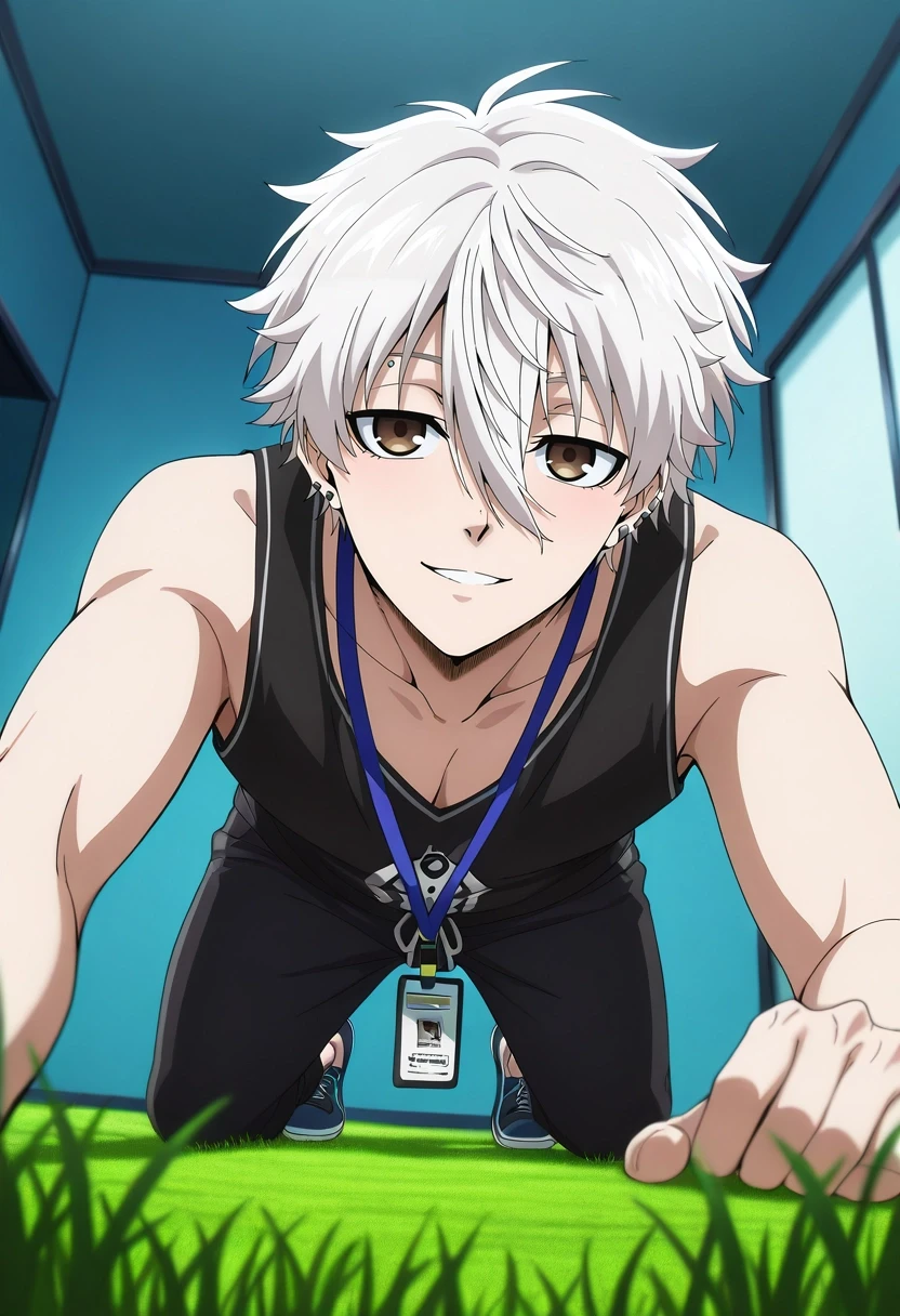 masterpiece, best quality, , anime screencap, , , , , 1boy, solo, male focus, <lora:seishirou_nagi_ilxl:0.96>, seishirou_nagi, white hair, brown eyes, short hair, bangs, hair between eyes, from below, grass, tree, indoors, lying, on stomach, seductive smile, Toile Organza Sweatpants, Amber Tribal Sleeveless tank top, Derby shoes, , eyebrow Piercings andLanyard