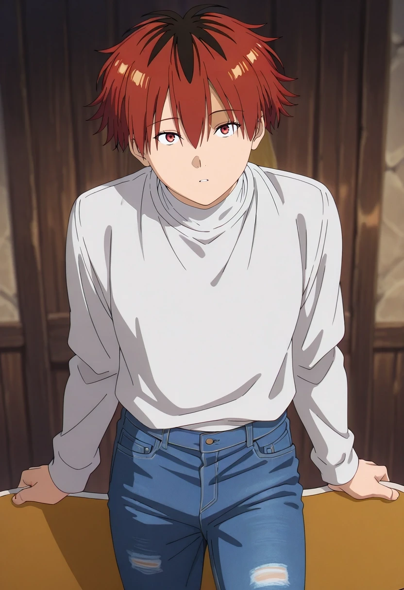 masterpiece, best quality, , anime screencap, anime coloring, , looking at viewer, depth of field, 1boy, solo, male focus, <lora:stark_sousou_no_frieren_ilxl:0.98>, stark_sousou_no_frieren, red hair, red eyes, short hair, bangs, hair between eyes, multicolored hair, two-tone hair, black hair, , Cashmere Jeans, Henley shirt, , , Snowboarding Goggles and