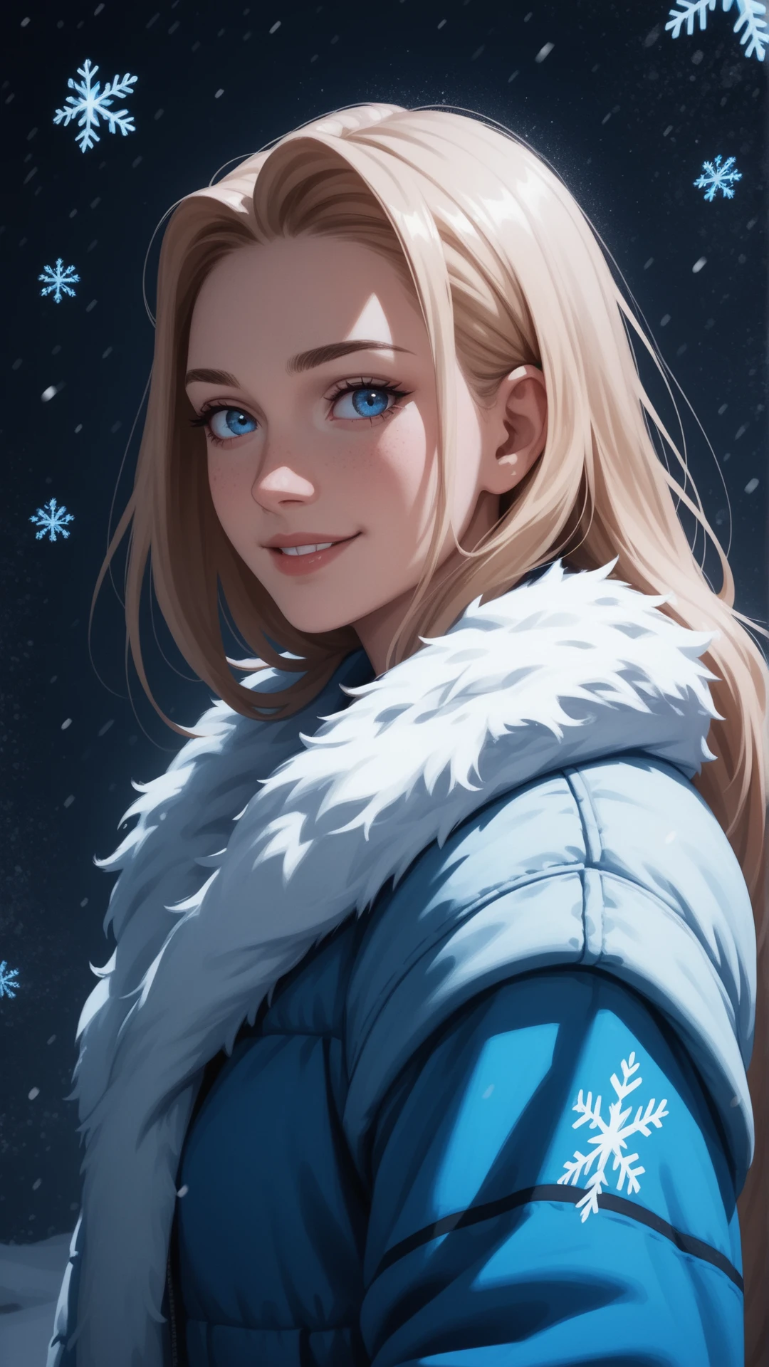 acore_9, score_8_up, score_7_up, score_6_up, score_5_up, score_4_up, blue neon grading, 1 woman,side view, long blond hair,looking at viewer, intense stare, straight hair, over the shoulder view, dark background, winter, snow, snowflakes, fur coat, soft smile