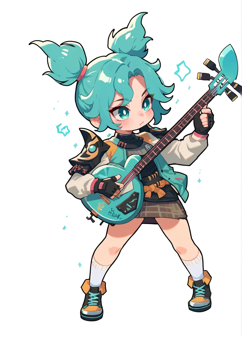 1girl, solo, full body, chibi, white background, fnjade, twintails, shoulder armor, skirt, open jacket, fingerless gloves, aqua hair, aqua eyes, white socks, sneakers, (playing instrument, shamisen)  <lora:fnjade14:0.8>, score_9, score_8_up, score_7_up, score_6_up,