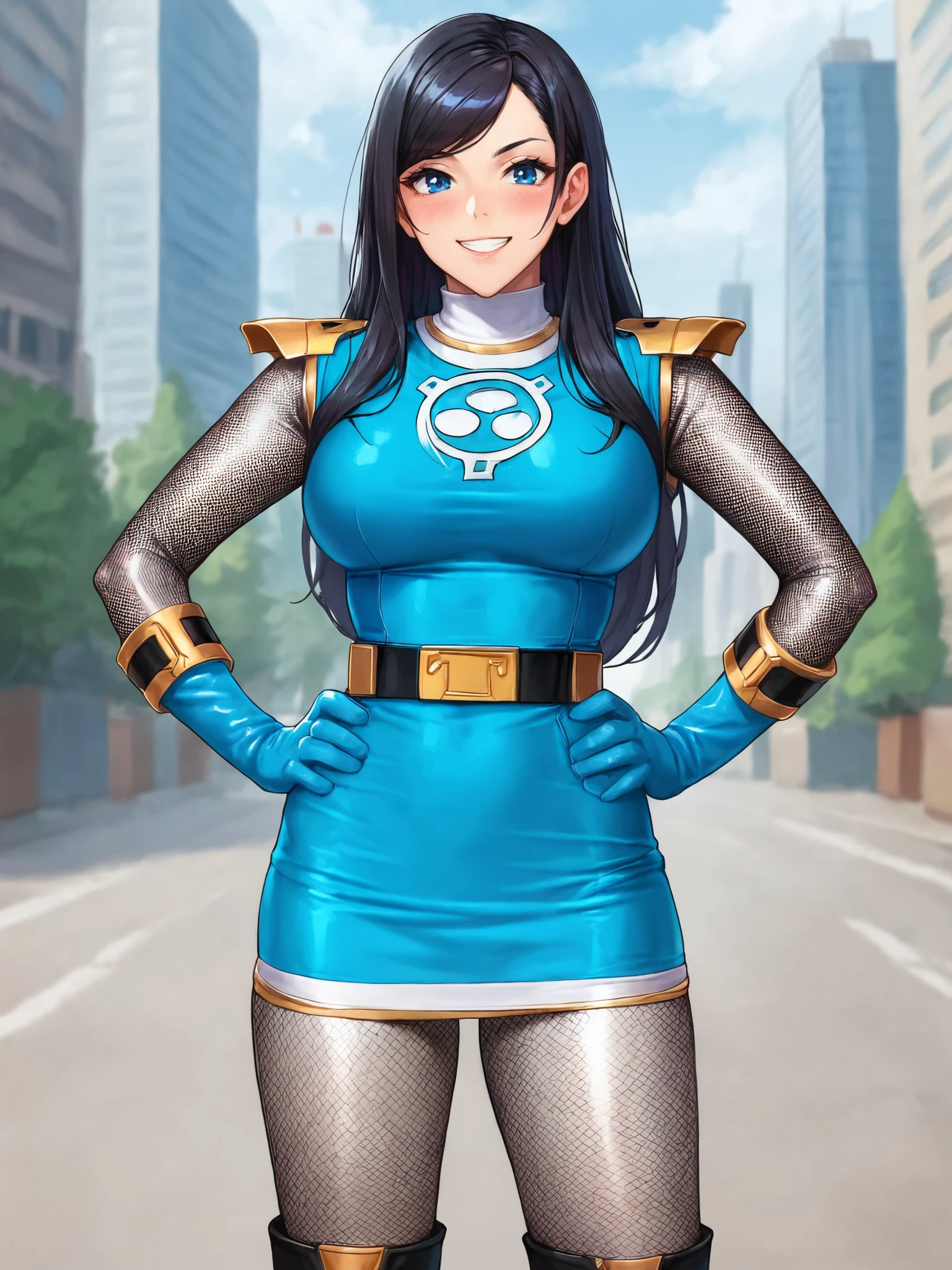 score_9, score_8_up, score_7_up, BREAK,
1girl, solo, BREAK,
sentaikageblue, shiny clothes, spandex, silver bodysuit, fishnet bodysuit, bodysuit under clothes, aqua dress, shoulder pads, aqua skirt, black belt, aqua gloves, no headwear, boots, <lora:Kage_Blue:0.8>, BREAK,
large breasts, thick thighs, black hair, long hair, swept bangs, blue eyes, BREAK,
smile, blush, looking at viewer, BREAK,
standing, hands on own hips, facing viewer, straight-on, BREAK,
cowboy shot, outdoors, city, skyline, day, blue sky, cloudy sky