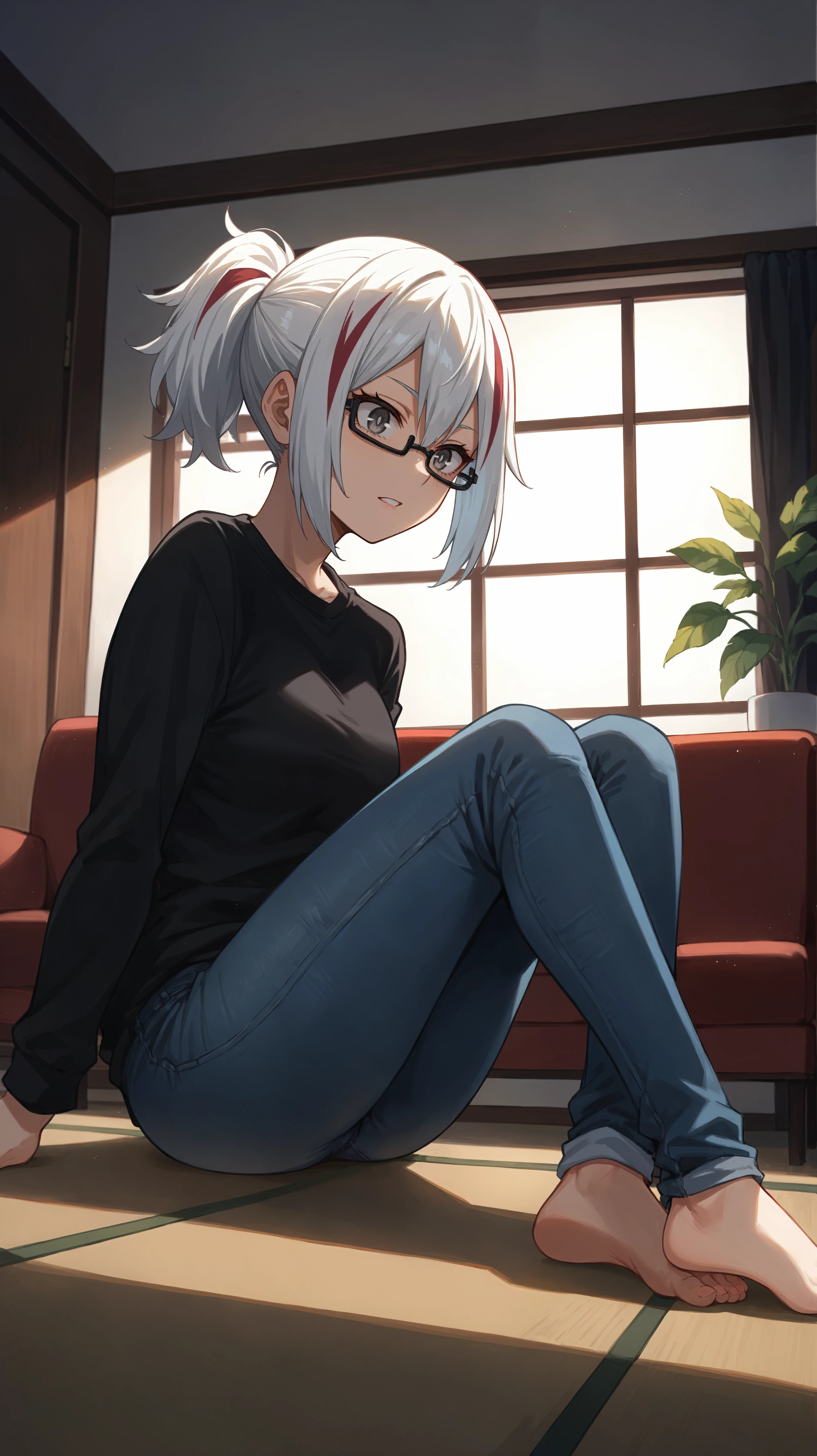 score_9,score_8_up,score_7_up,score_6_up, <lora:xl_more_art-full_v1:0.5>, source_anime, girl, dynamic pose, sitting with hands around her ankles, <lora:Fuyumi Todoroki - Pony-000004:0.8>, white hair, streaked hair, red streaks, multicolored hair, black glasses, grey eyes, short ponytail, black sweater, jeans, shoji door, interior, living room,