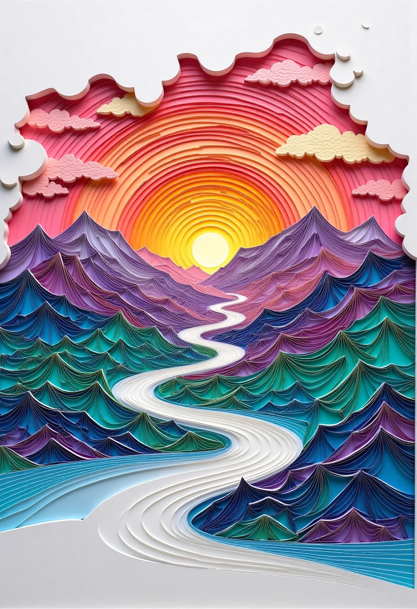 paper quilling, layered paper, mountains, sunrise, cloud formations, soft gradients
