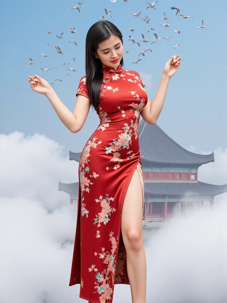 (text "buzz me please" in sky:1.2),20yo  beautiful chinese cute girl with blushing and female orgasm,the sidelight outlines her sexy body curves,(the ultimate thin waist:1.3),
<lora:cheongsam_f1_rank4_bf16:1>,she wearing red cheongsam with floral print,china dress,qipao,
--,
<lora:BustyWomen-v3:0.7>,
<lora:wangzuxian_flux:1>,
--,
This is an ancient Chinese myth. Half-hidden in the clouds,she is the fairy Chang'e,expressionless and indifferent. She dynamic pose,standing on the clouds,and the background behind her is a huge ancient Chinese multi-story pavilion above the clouds. The glazed tiles reflect the sun's rays,and many cranes are flying above,,