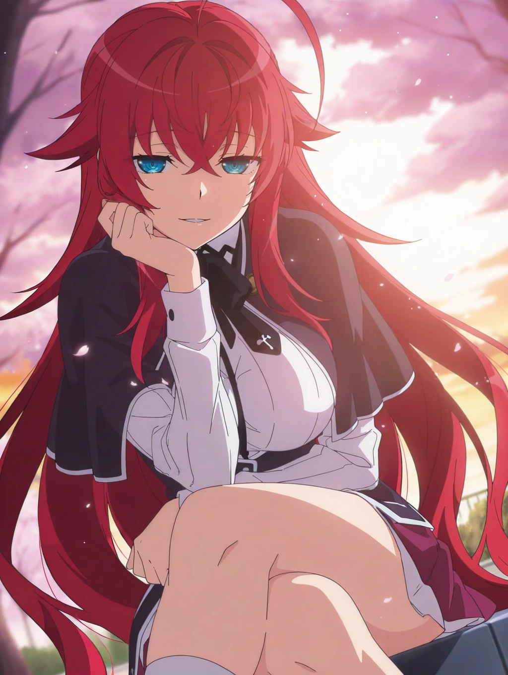 masterpiece, best quality, amazing quality, very aesthetic, absurdres, newest, scenery, best quality, anime screencap,<lora:Rias_Gremory__-_High_School_DxD_Hero_ILLUSTRIOUS:1> rias,red hair, huge ahoge,very long hair,blue eyes,crossed bangs,large breasts,(kuoh academy school uniform) ,black capelet,white shirt, red mini skirt, bare legs,white socks,(bloom:1.3),head rest,park, cherry blossoms, (backlighting:1.2),  light particles, dutch angle, light smile, looking at viewer, sitting, sunset, glowing, parted lips, half-closed eyes, crossed legs, seductive smile,