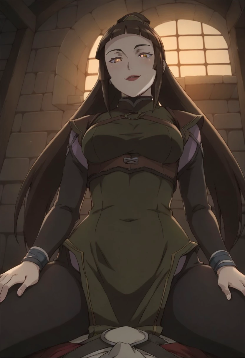 1girl, solo, suspension, down, rope, 1girl, bodysuit, bound arms, indoors, leotard, bdsm, shibari, arms behind back, restrained, navel, leaning forward, feet,dark blue hair,,long hair,blue eyes,pointy ears,elf