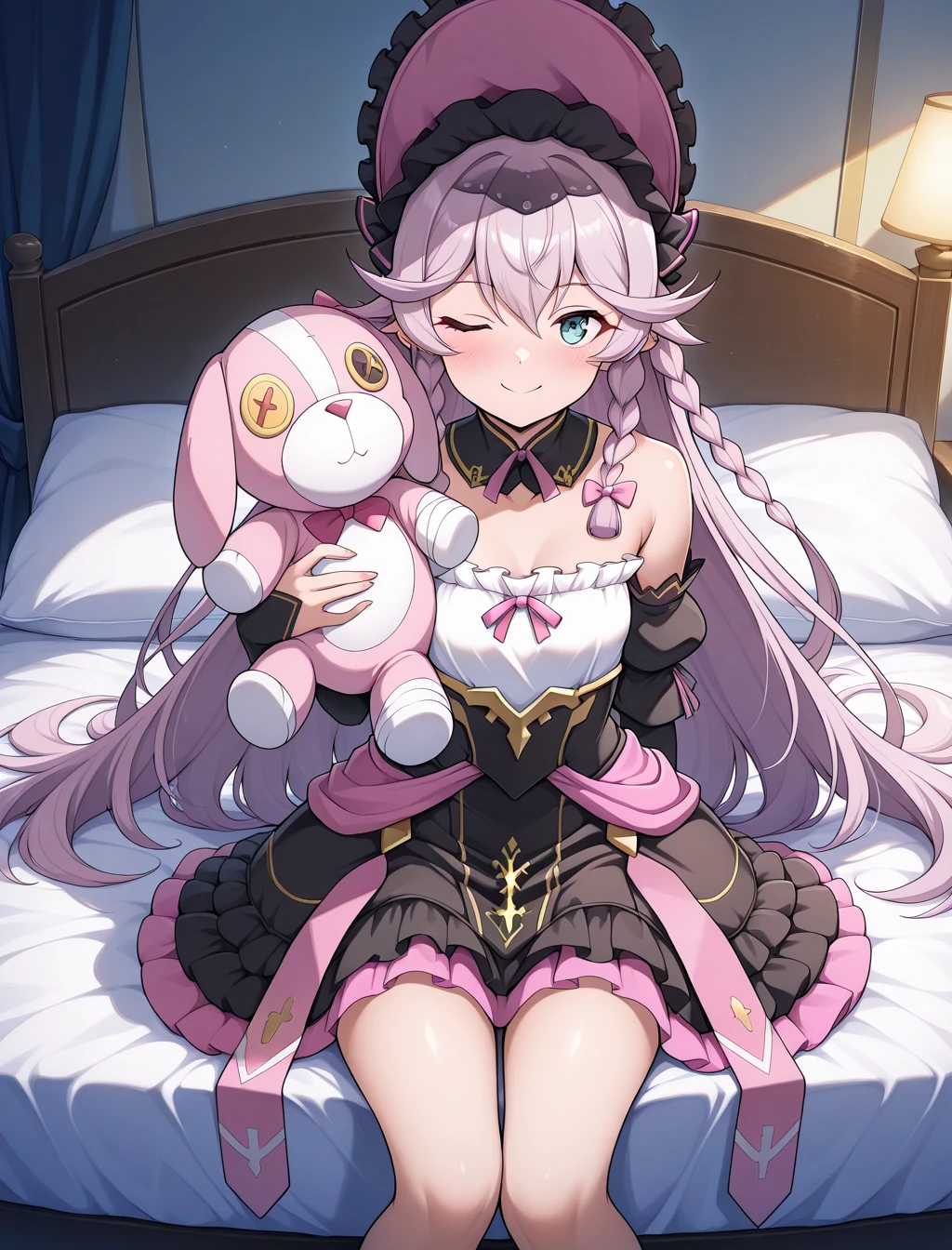 (masterpiece) ,best quality,amazing quality,very aesthetic,absurdres,newest, anime style, BREAK   (Sinful_Angelica), wink, cute pyjama, sitting on bed, holding plushie