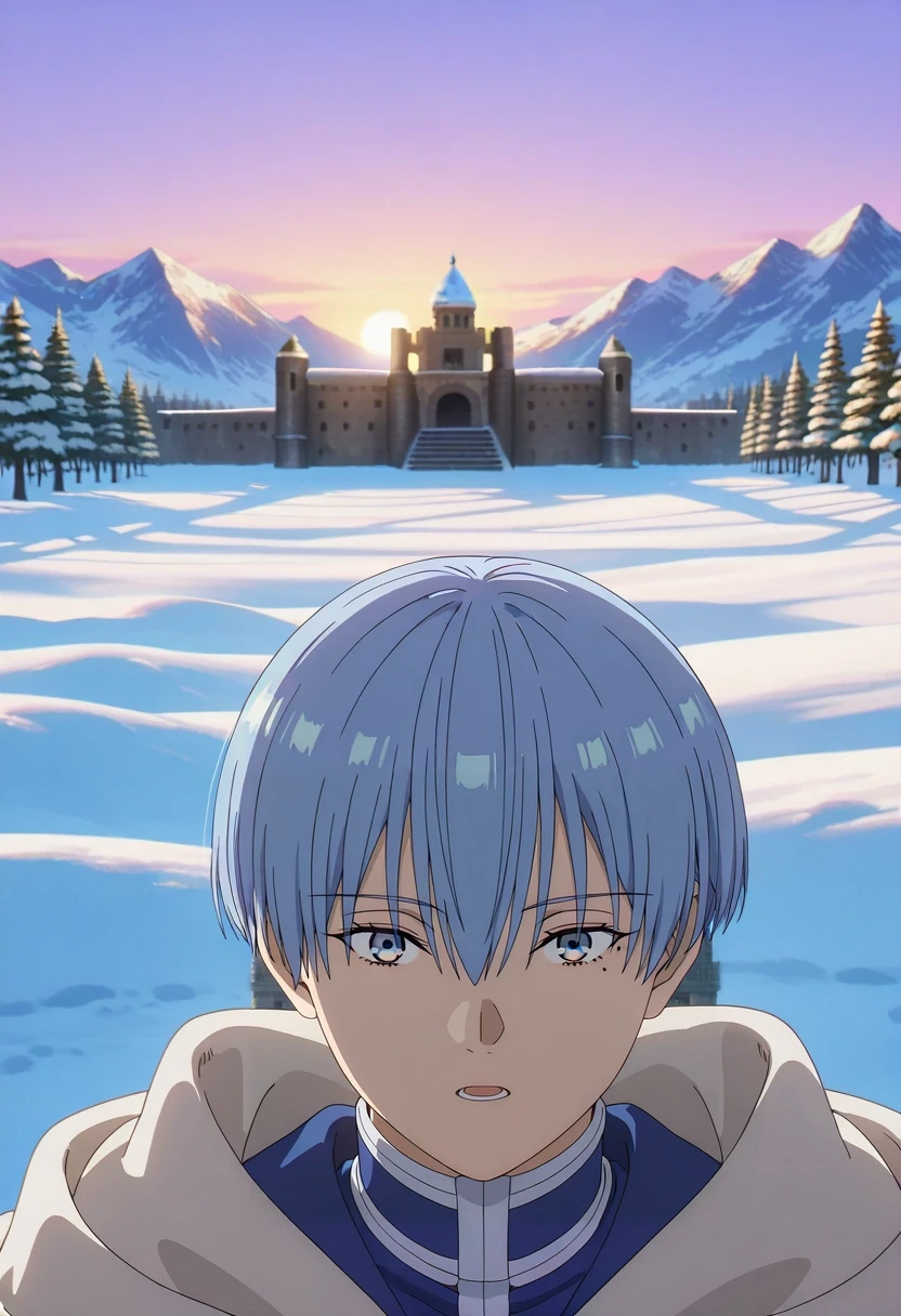 masterpiece, best quality, intricate details, anime screencap, , official style, looking at viewer, , 1boy, solo, male focus, <lora:himmel_sousou_no_frieren_ilxl:0.92>, himmel_sousou_no_frieren, blue hair, blue eyes, short hair, bangs, hair between eyes, mole under eye, mountain palace, stone towers, snow courts, ice gardens, royal pose, commanding expression, sunrise,