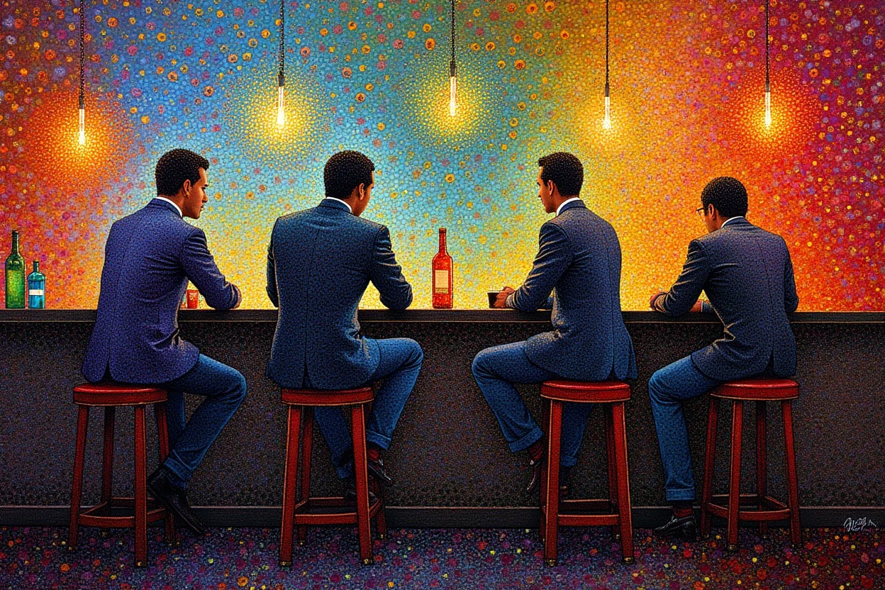 dotted truepointilli painting of men sitting in a bar, geometric themed