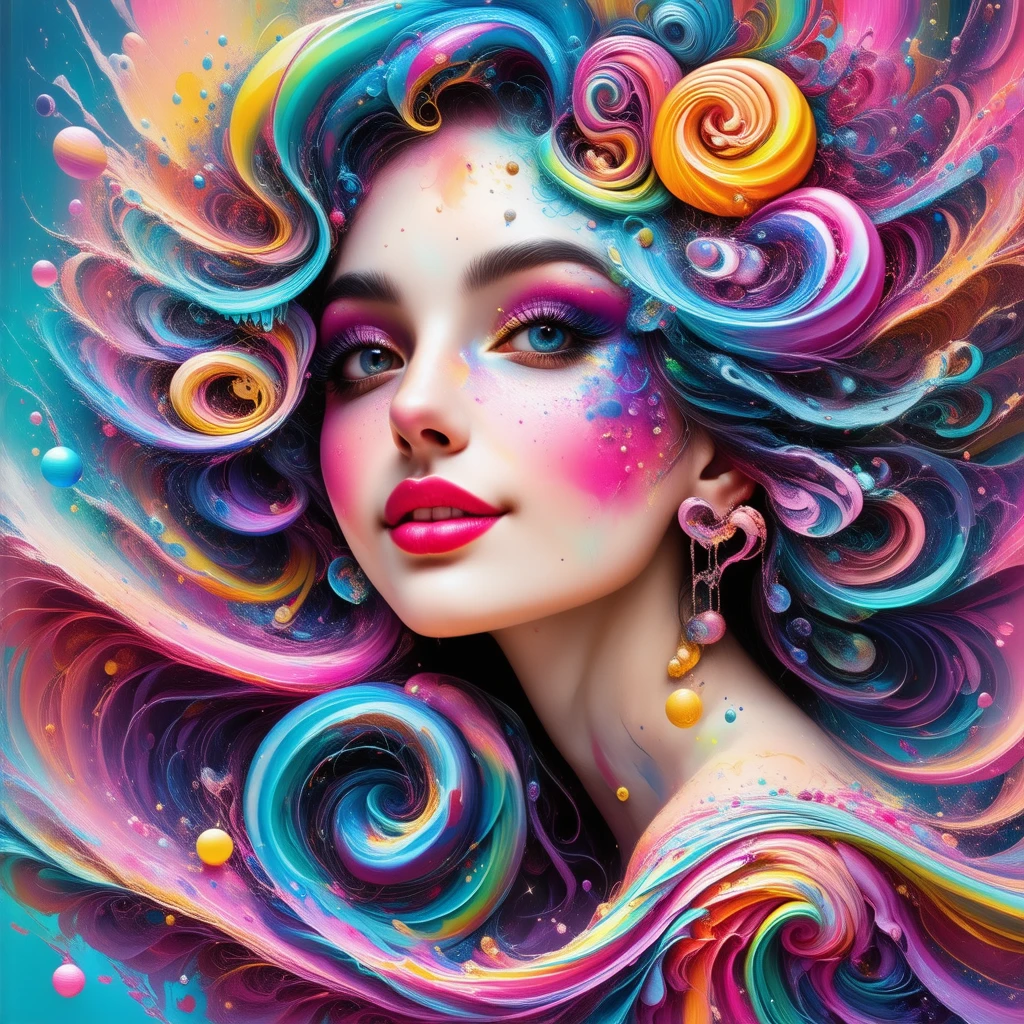 beautiful woman, sweet artistic wonderland illustrationen, colorful and pure, candy theme, wonderful poster art, specular light, balanced quantity, entertaining, strong colors, mostly pink yellow violett teal white, swirly round forms, creamy colorsplash