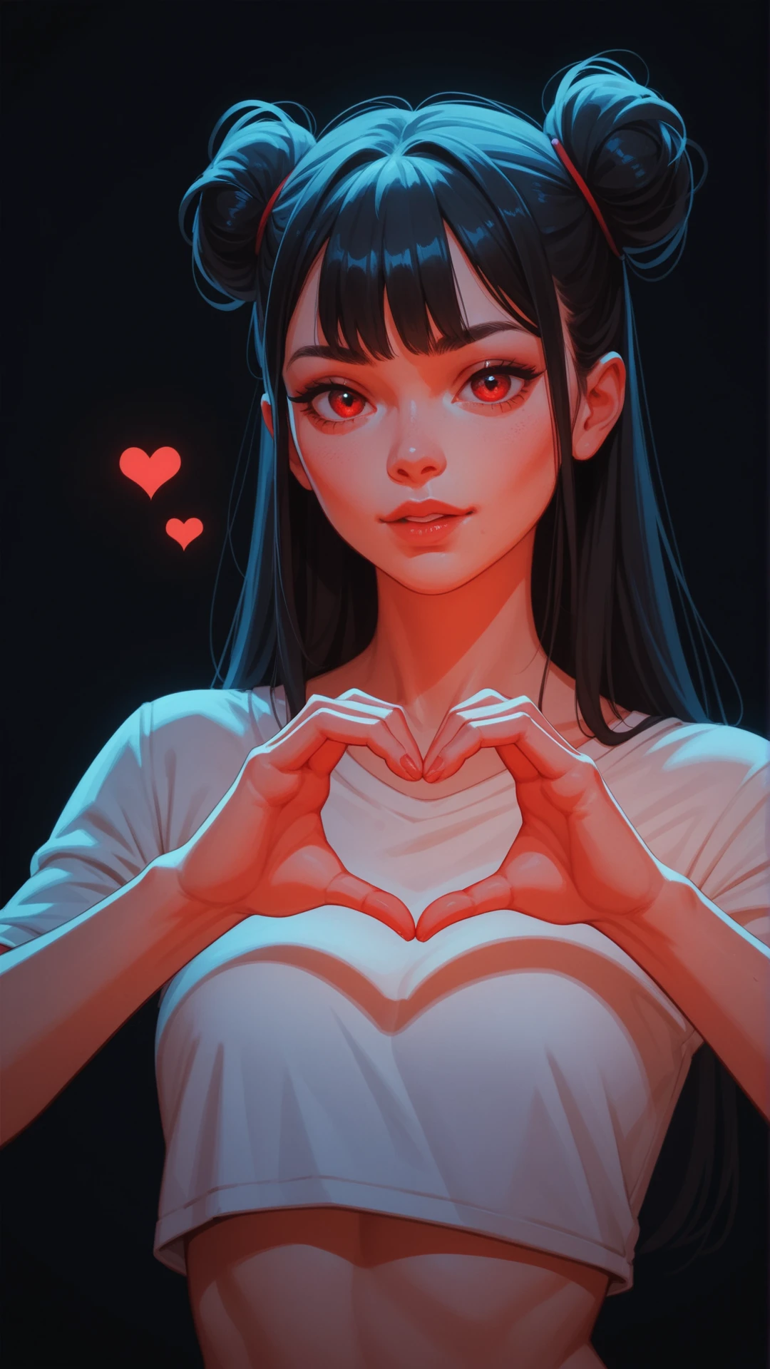 score_9, score_8_up, score_7_up, score_6_up, score_5_up, score_4_up, a woman, portrait, black hair, hairbuns, long hair, forming heart hands, red vibrant grading, black background