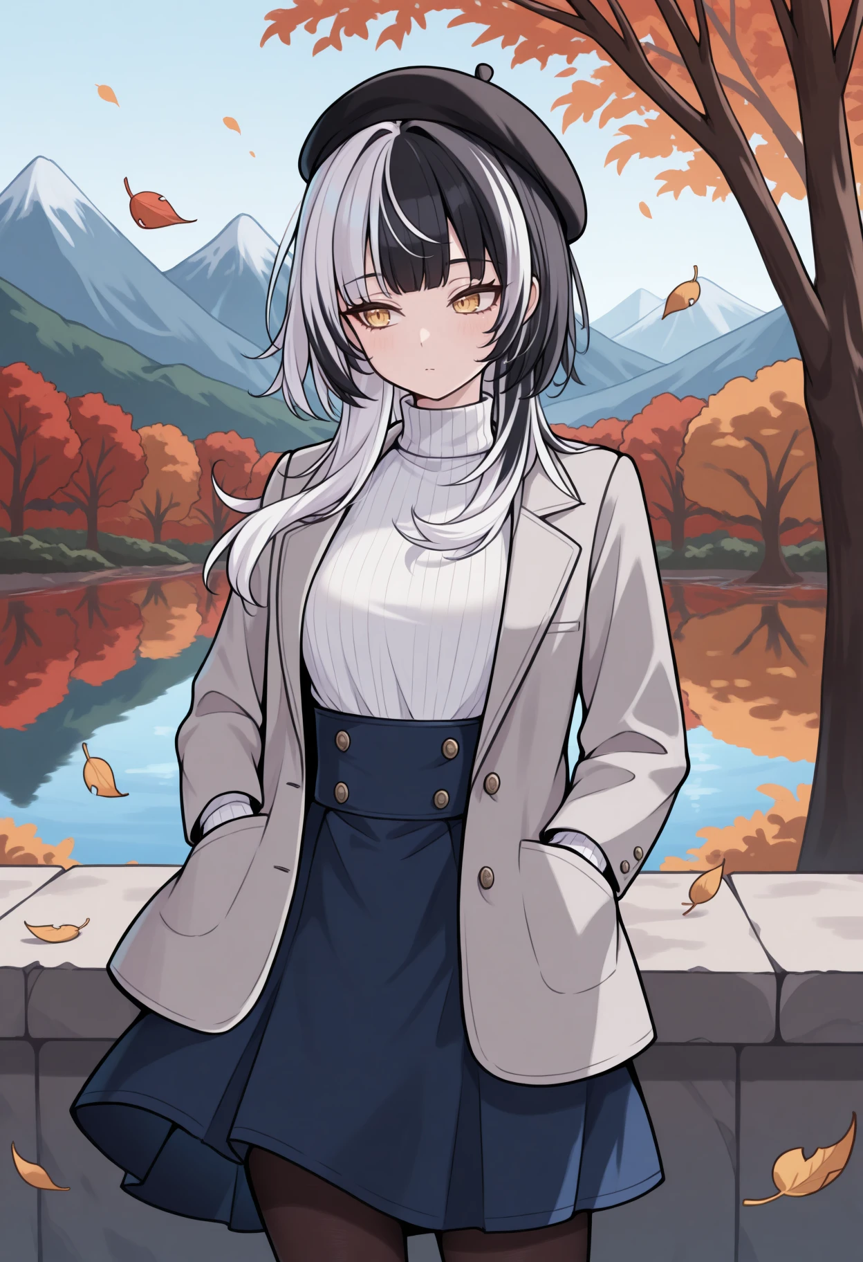 masterpiece, best quality, 1girl, solo, Shi0riN0vella, multicolored hair, white hair, black hair, yellow eyes, hair ornament, looking to the side, black beret, grey blazer, white turtleneck, high-waist skirt, blue skirt, pantyhose, hands in pocket, outdoors, autumn, lake, tree, mountain, falling leaves, wind, <lora:ChamShioriNovellaIllustriousXL:1>