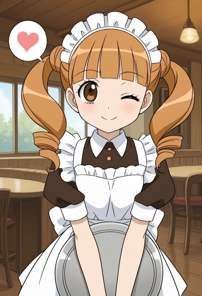 score_9, score_8_up, score_7_up, score_6_up, score_5_up, BREAK
yumeno uta, 1girl, solo, onegai my melody, brown eyes, day, twintails, brown hair, blunt bangs, drill hair, long hair, cafe, maid outfit, maid headdress, tray, wink, one eye closed, spoken heart, smile, happy