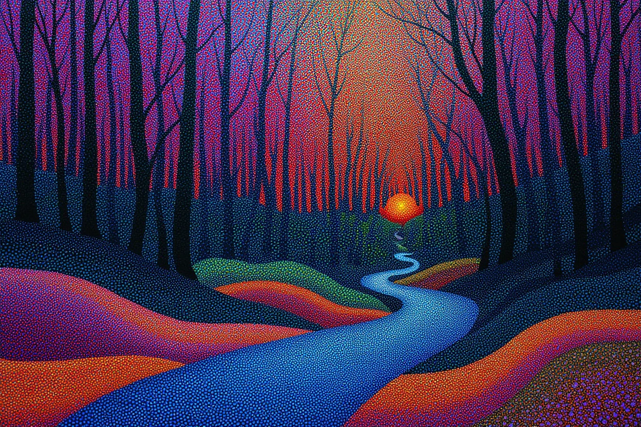 dotted truepointilli painting of a psychedelic forest