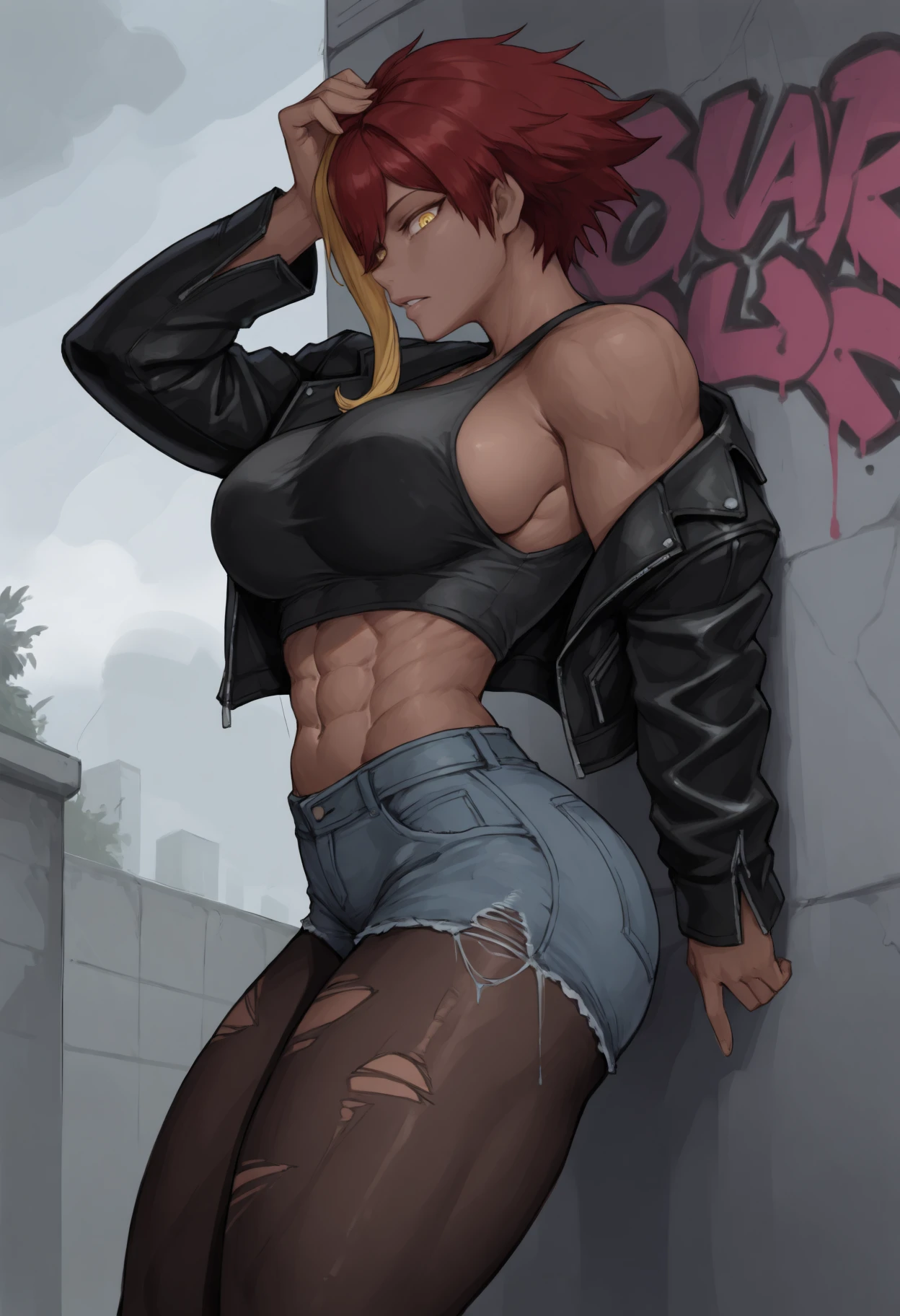 masterpiece, best quality, 1girl, dark skin, yellow eyes, short hair, red hair, yellow hair, multicolored hair, single sidelock, large breasts, toned, abs, obliques, 
black jacket, leather jacket, open jacket, black tank top, crop top, denim shorts, torn pantyhose,
looking at viewer, parted lips, leaning against wall, leaning back, hand up, hand to head,
outdoors, wall, graffiti, from side, overcast,
<lora:Marle-Barrock-NoobAi-1.1_V1-Manityro-CAME:1>,