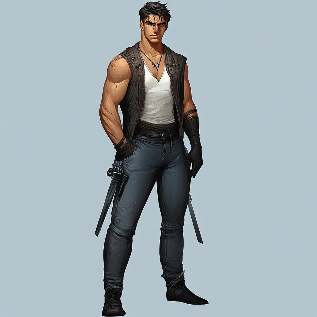 (anime style:1.2), masterpiece, diegodoa, 1boy, (detailed face:1.2), (detailed eyes:1.1), open eyes, handsome, grey tanktop, thick ink lines, jeans, necklace, muscular, pub background <lora:arcaneStyleLora_offset:1> <lora:Diego-DOA:1>