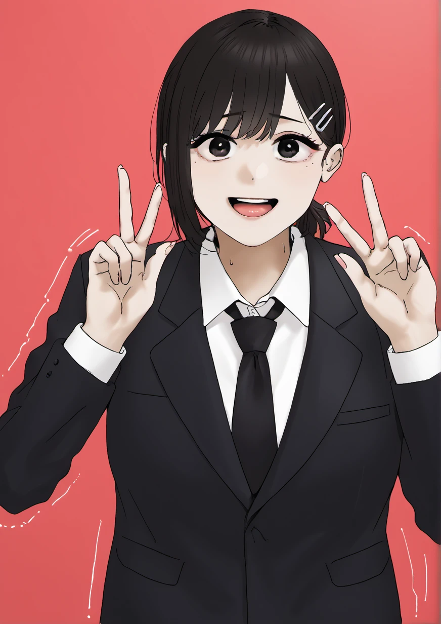 1girl, higashiyama kobeni, huge breast, , black hair, black jacket, black necktie, collared shirt, double peace, formal, hair ornament, hairclip, jacket, looking at viewer, medium hair, necktie, open mouth, red background, shaking, shirt, short ponytail, single sidelock, solo, suit, suit jacket, swept bangs, peace sign, white shirt, zPDXL3 <lora:Breast Slider - Pony_alpha1.0_rank4_noxattn_last:3> <lora:HandFixer_pdxl_Incrs_v1:1> <lora:å¦ã
MEN:1>
