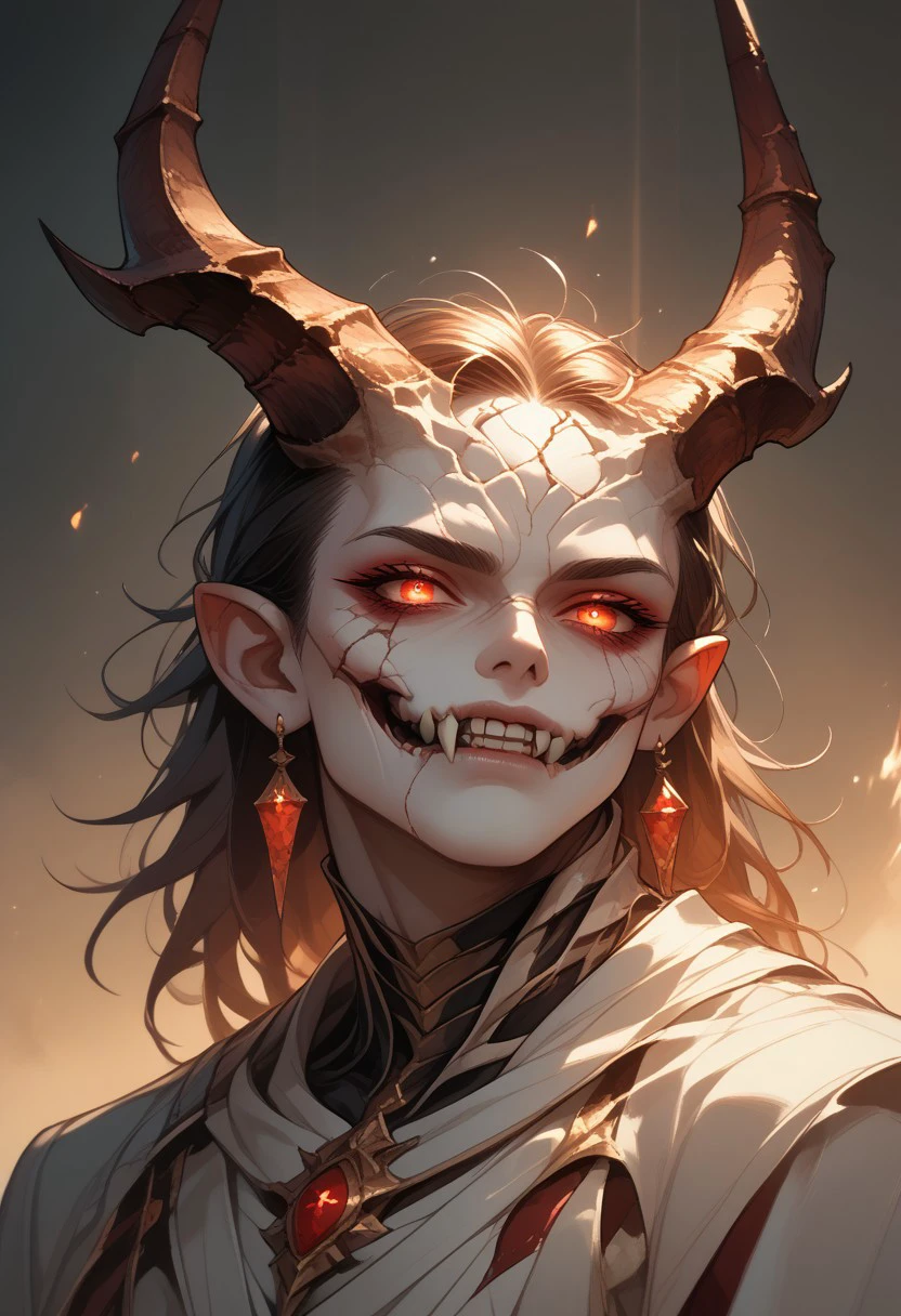 Humanoid creature, pale skin, very long hair, long horns, yellow eyes, extra arms, holding a mask