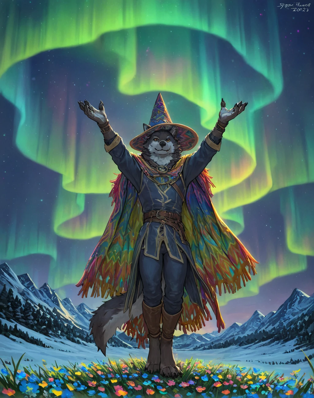 masterpiece, best quality, dangpa, tarran fiddler, 

anthro, wolf, male, ornate cloak, colorful cloak, illuminating, light beams, masterpiece, hi_res, (fully clothed), wizard hat, (colourful light beams:1.3), raised arms, mountain top, (aurora:1.2), (spectral:1.2), mythological