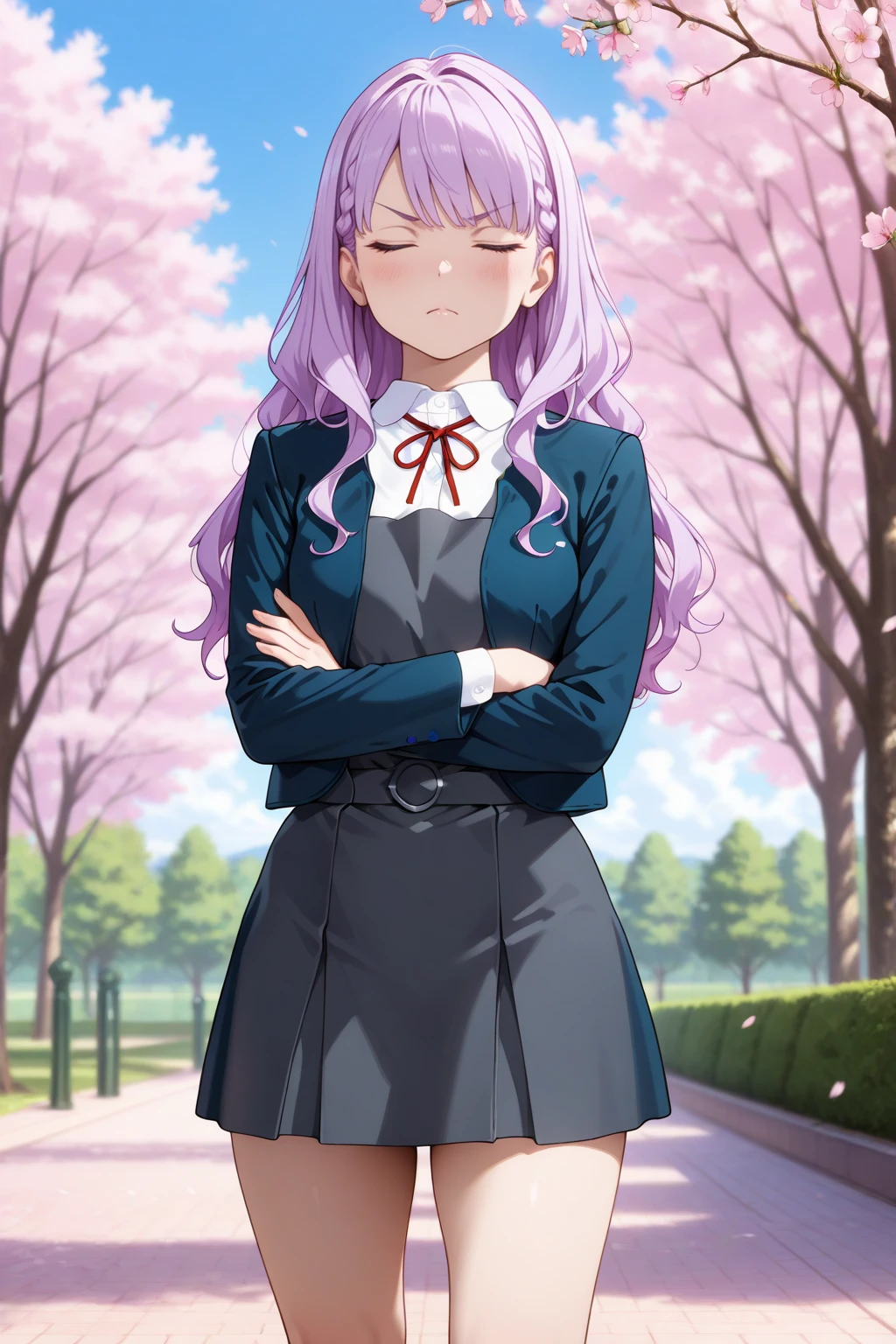 masterpiece, best quality, amazing quality, very aesthetic, absurdres, photorealistic, 1girl, solo,
<lora:wien_izo_IL:0.8>, wien, long hair, wavy hair, purple hair,
medium breasts, yuigaoka school uniform, white collared shirt, open blue jacket, long sleeves, grey pinafore dress, thighs,
closed eyes, v-shaped eyebrows, closed mouth, serious,
blush, looking away, standing, crossed arms,
blurry background, outdoors, blue sky, clouds, park, cherry blossoms,