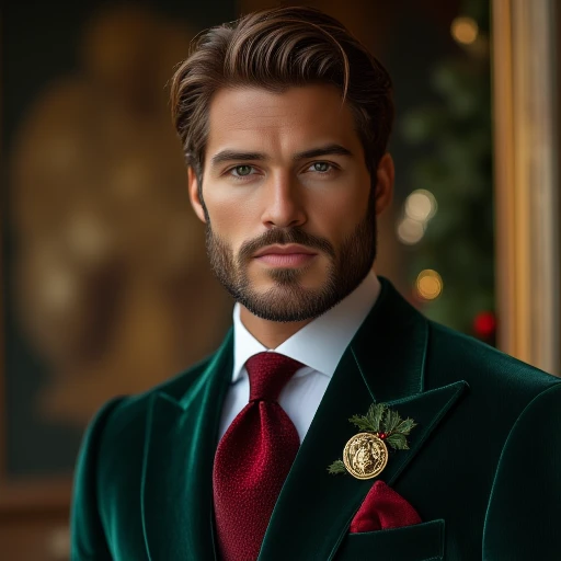 This is a high-resolution photograph featuring a man with a strong jawline and a neatly trimmed beard, wearing a luxurious, dark green velvet suit. The suit is tailored to perfection, with a double-breasted design and a subtle sheen that accentuates its rich texture. The suit jacket features gold buttons, one of which is adorned with a circular emblem. He is wearing a crisp white dress shirt and a deep red tie with a subtle paisley pattern. The tie is complemented by a matching pocket square, also red, which peeks out from the breast pocket of his suit.