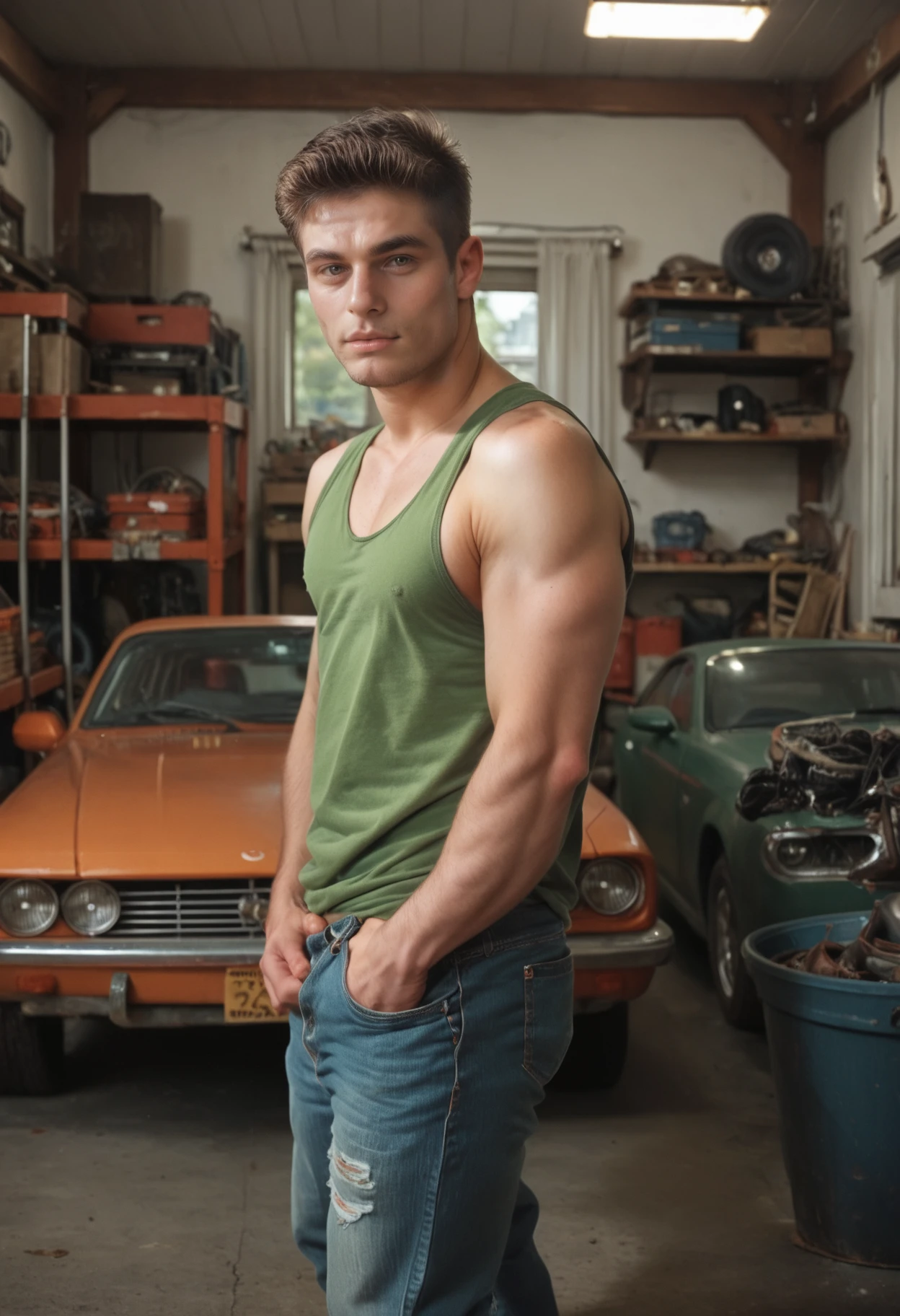 score_9, score_8_up, score_7_up, score_6_up, realistic, photorealistic, highly detailed, (from side:0.5), looking at viewer, <lora:xl_dominik_togyela-08:0.8> male domperson, wearing green tank top shirt and jeans, posing in a garage workshop, <lora:Mechanics_Garage__Workshop:0.35> G4rage, Indoors, motor vehicle