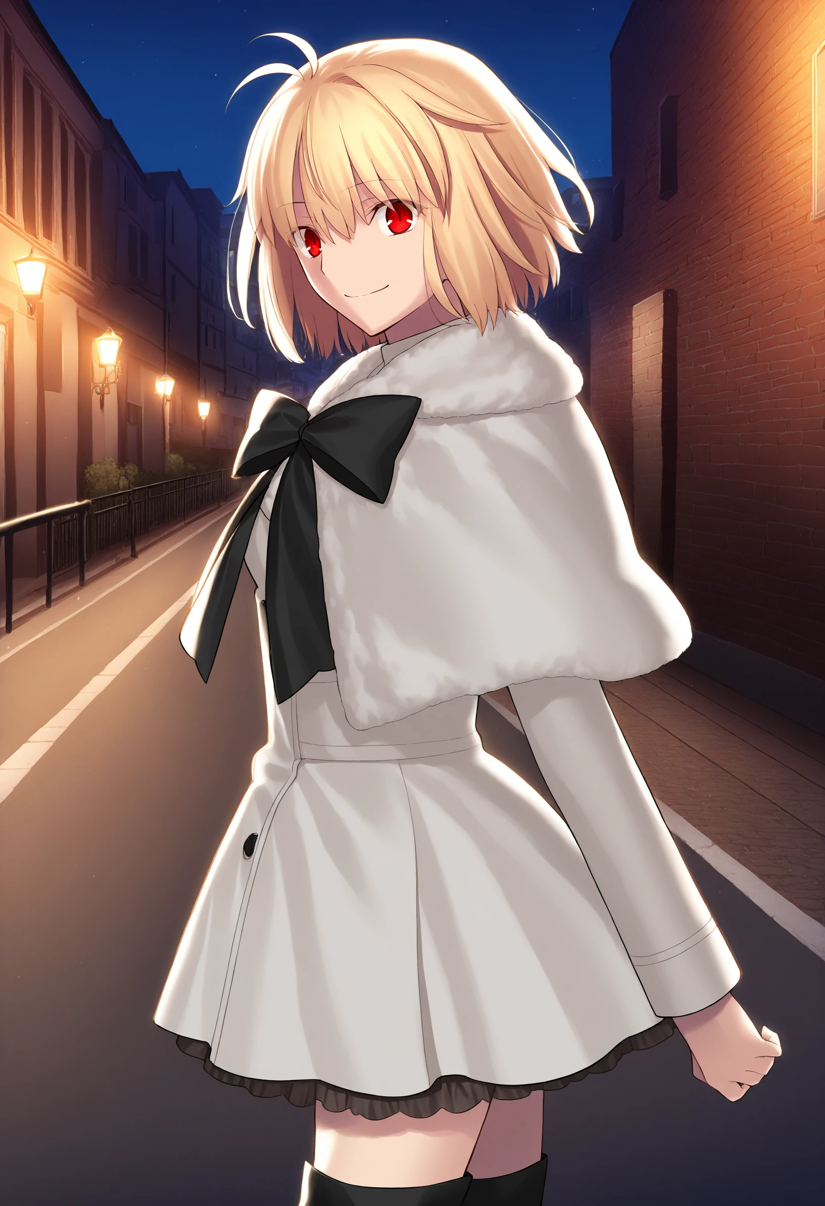 arcdate, 1girl, solo, red eyes, coat, thigh boots, capelet, bow, looking at viewer, outdoors, from side, night, street, smile