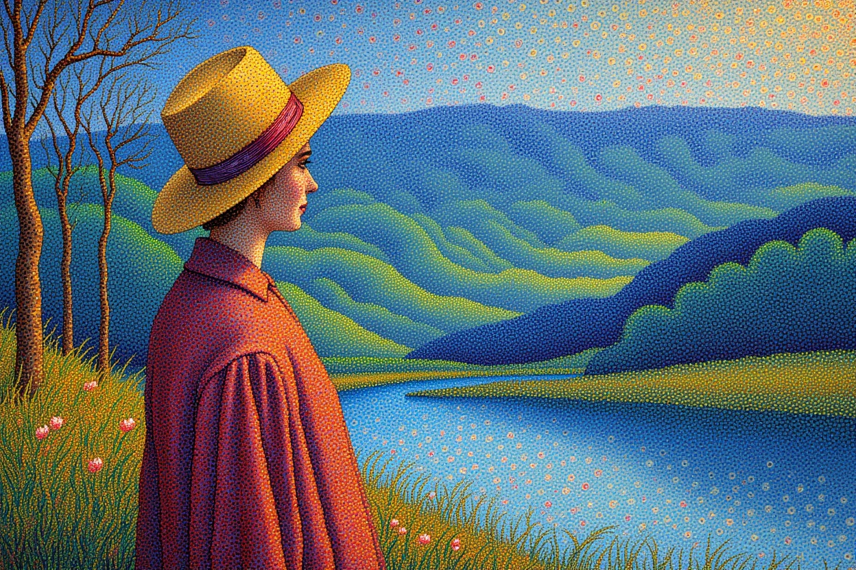 a truepointilli dotted painting of a woman with a hat next to a lake