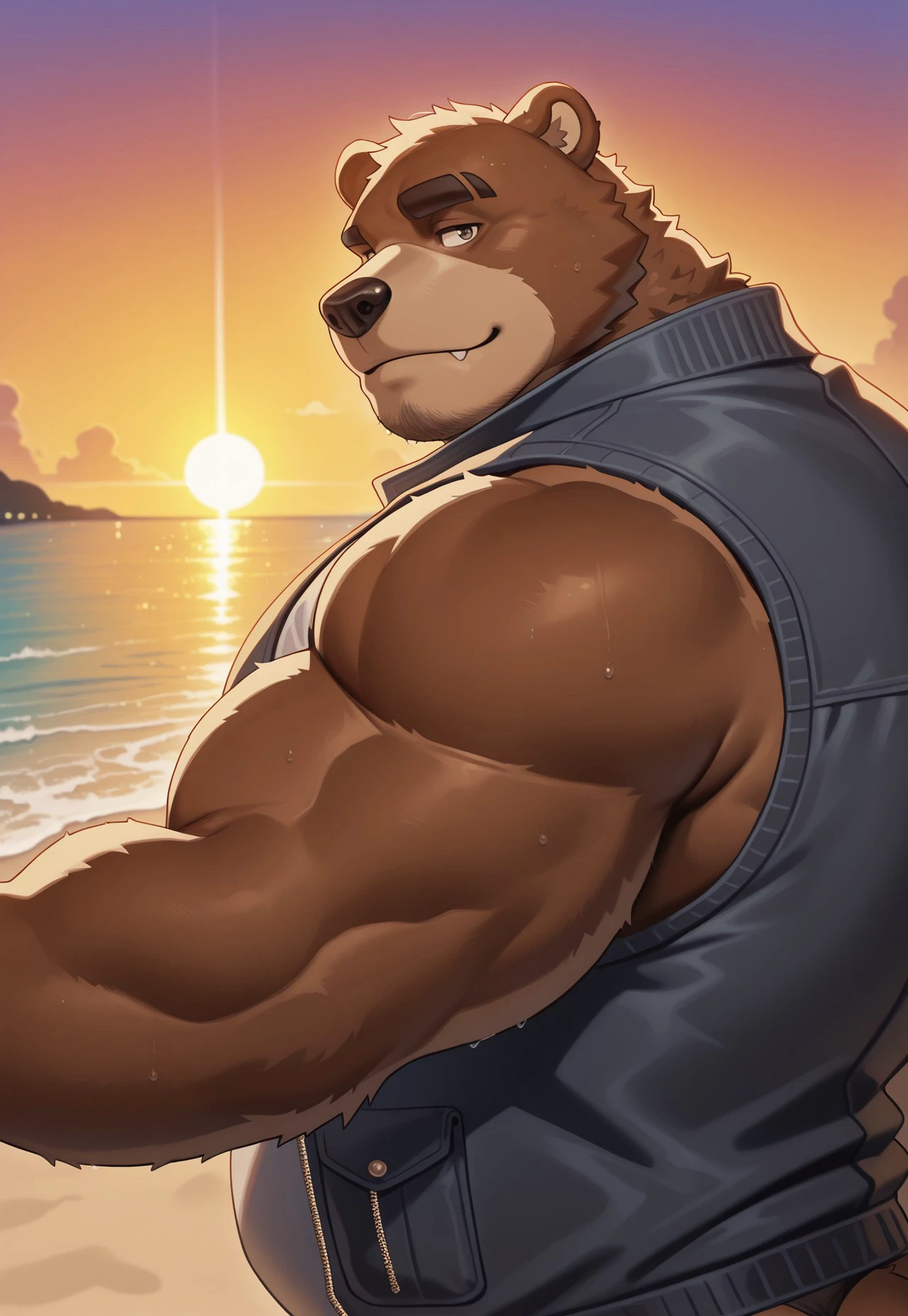 furry, solo,bear , muscular male, 
, close up, reaching, upper body, sunset, (sleeveless jacket), looking at viewer, close up, beach, side view, bara, 



2024, 2023, 2022, Dsharp, masterpiece,best quality,amazing quality,