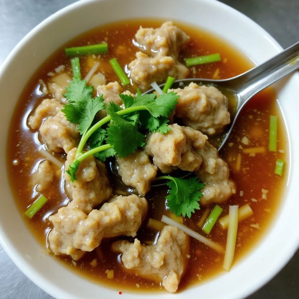 A rich, brick-red colored soup with sweet potato starch thickness, loaded with minced pork, shredded bamboo, and cilantro. The signature red hue comes from traditional spices and soy sauce, while maintaining its signature glossy texture