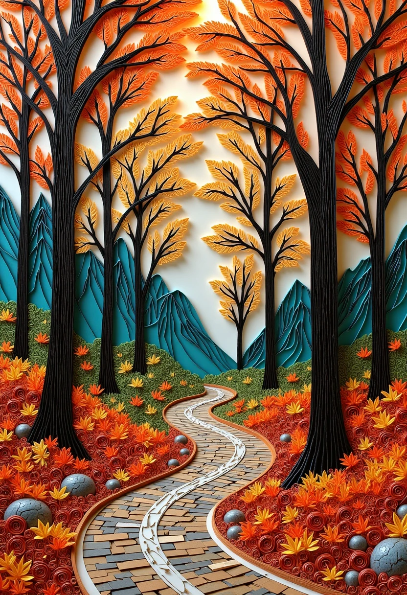 paper quilling, layered paper, forest, winding path, autumn leaves, textured layers
