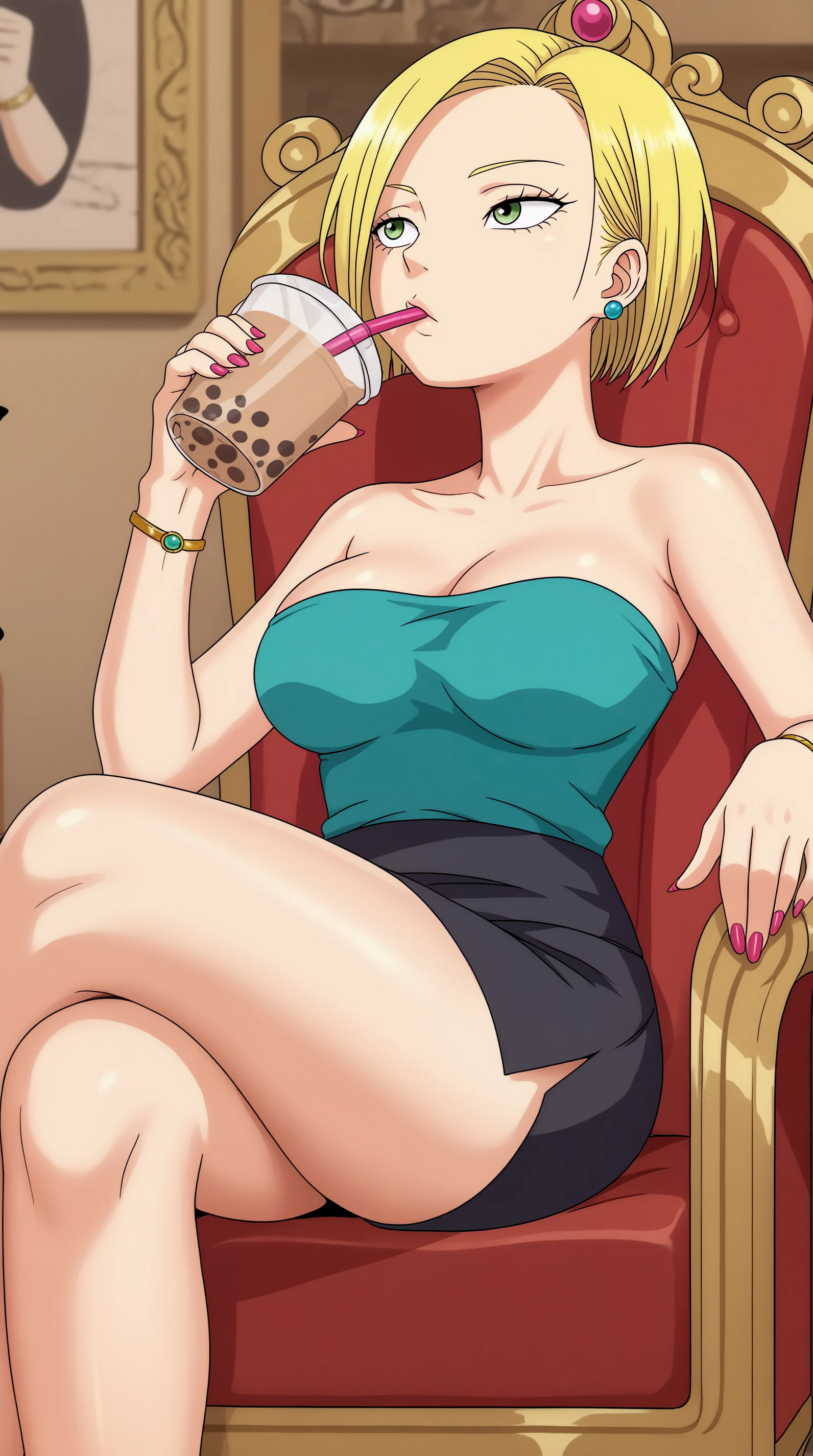 score_9, score_8_up, score_7_up,anime_source, source_anime, best background, detailed background, anime screencap  Umino, Main Outfit, solo, sitting, crossed legs, drinking, bubble tea, indoors, throne,  <lora:JN_Umino_Pony:0.8>