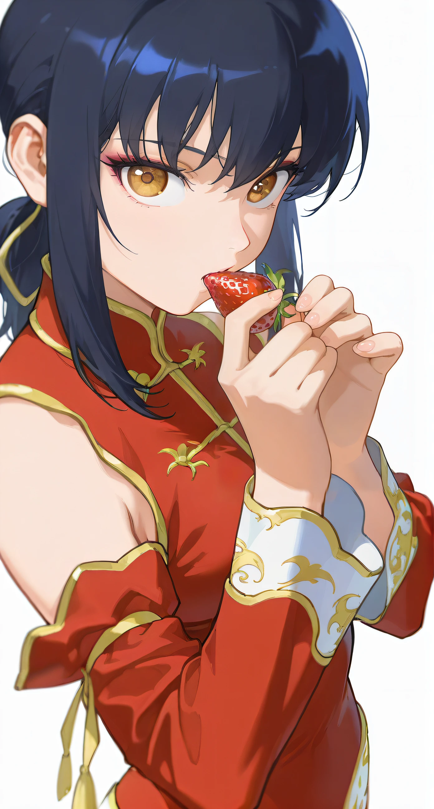 masterpiece, best quality, highres, newest, scenary, 1girl, solo, <lora:Chan_Lee:1>, chanlee, china dress, detached sleeves, five fingers, simple background, upper body, eating strawberry, holding strawberry, looking at viewer, full face