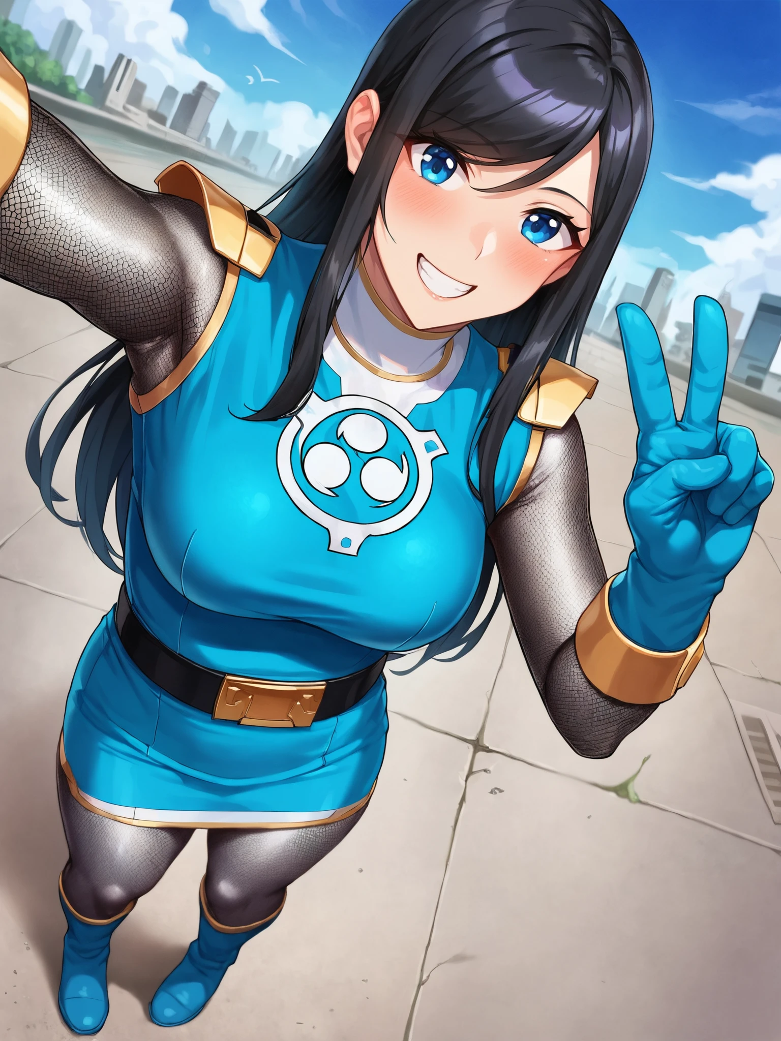 score_9, score_8_up, score_7_up, BREAK,
1girl, solo, BREAK,
sentaikageblue, shiny clothes, spandex, silver bodysuit, fishnet bodysuit, bodysuit under clothes, aqua dress, shoulder pads, aqua skirt, black belt, aqua gloves, no headwear, boots, aqua footwear, colored shoe soles, <lora:Kage_Blue:0.8>, BREAK,
large breasts, thick thighs, black hair, long hair, swept bangs, blue eyes, BREAK,
smile, blush, looking at viewer, BREAK,
standing, selfie, v, peace sign, reaching towards viewer, hand out of frame, BREAK,
from above, dutch angle, outdoors, (city, skyline:1.2), day, blue sky, cloudy sky