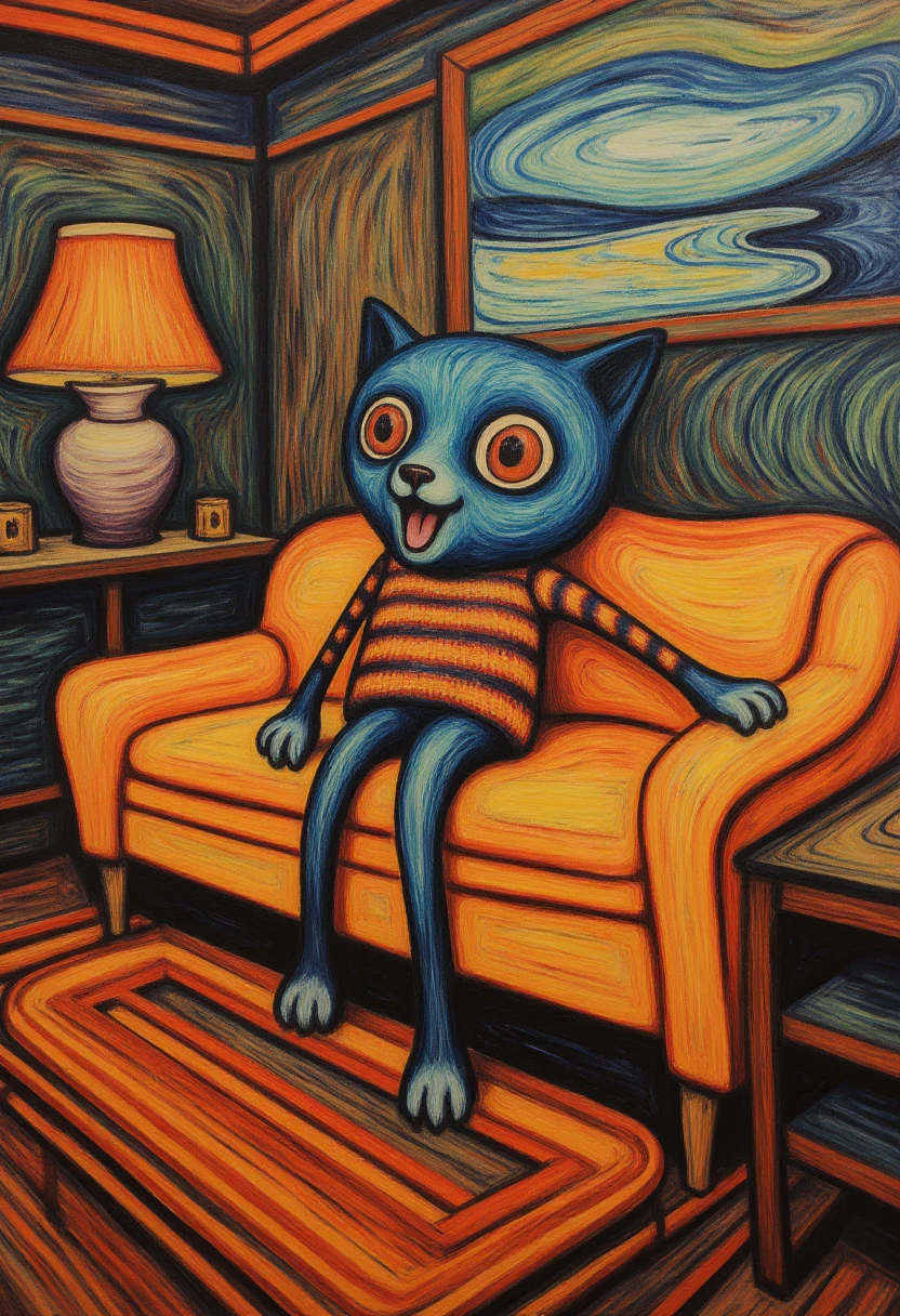 3dv4rd painting, giant multicolored knitted kitten, sitting on a 1970s couch in a living room