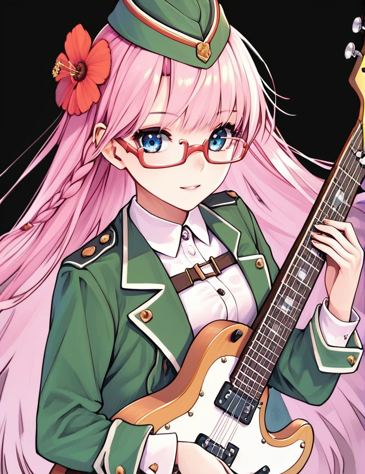 shot from above, dutch angle <lora:electric_guitar___playing_instrument:1> electric_guitar, playing_instrument,  <lora:FNP-9_Girls_Frontline:1> fnp-9, pink hair, blue eyes, hat, hair ornament, red glasses, long hair, green jacket,, score_9, score_8_up, score_7_up, score_6_up, score_5_up,, detailed eyes, detailed face, detailed hands, <lora:detailed_notrigger:1>, (masterpiece), (best quality), (ultra-detailed), (best illustration), detailed face, skin pores, detailed skin, detailed eyes, high quality eyes, good quality hands, high resolution, great anatomy, high quality, highres,, skindetailpxl,  detailxl