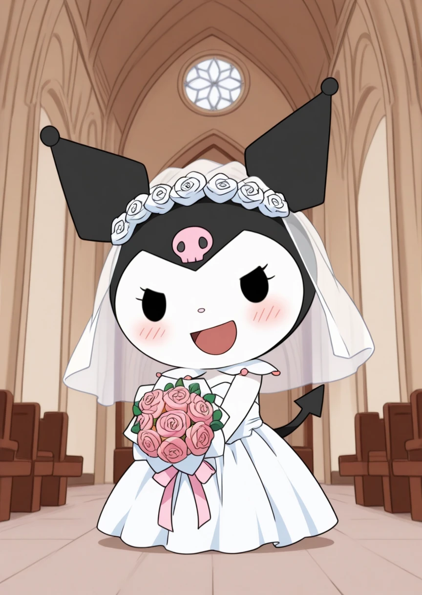 best quality, masterpiece, kuromi, no humans, open mouth, feral, jester cap, dot eyes, skull print, tail, black eyes, chibi, solo, church, smile, happy, blush, long wedding dress, wedding veil, blush, deep blush, bouquet, 