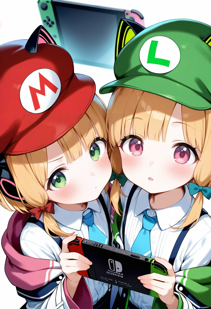 masterpiece, best quality, amazing quality, very aesthetic, absurdres,  newest, scenery, volumetric lighting, momoi \(blue archive\), midori \(blue archive\), 2girls, green eyes, multiple girls, siblings, twins, sisters, necktie, headphones, blonde hair, blue necktie, holding handheld game console, hat, holding, shirt, white shirt, green headwear, handheld game console, nintendo switch, pink eyes, red headwear, suspenders, long sleeves, short hair, simple background, white background, red bow, bow, blunt bangs, animal ear headphones, fake animal ears, animal ears, upper body, , mario hat on momoi, luigi hat on midori, close-up, dutch angle, from above, fisheye, , masterpiece, best quality, amazing quality, very aesthetic, absurdres,  newest, scenery, volumetric lighting