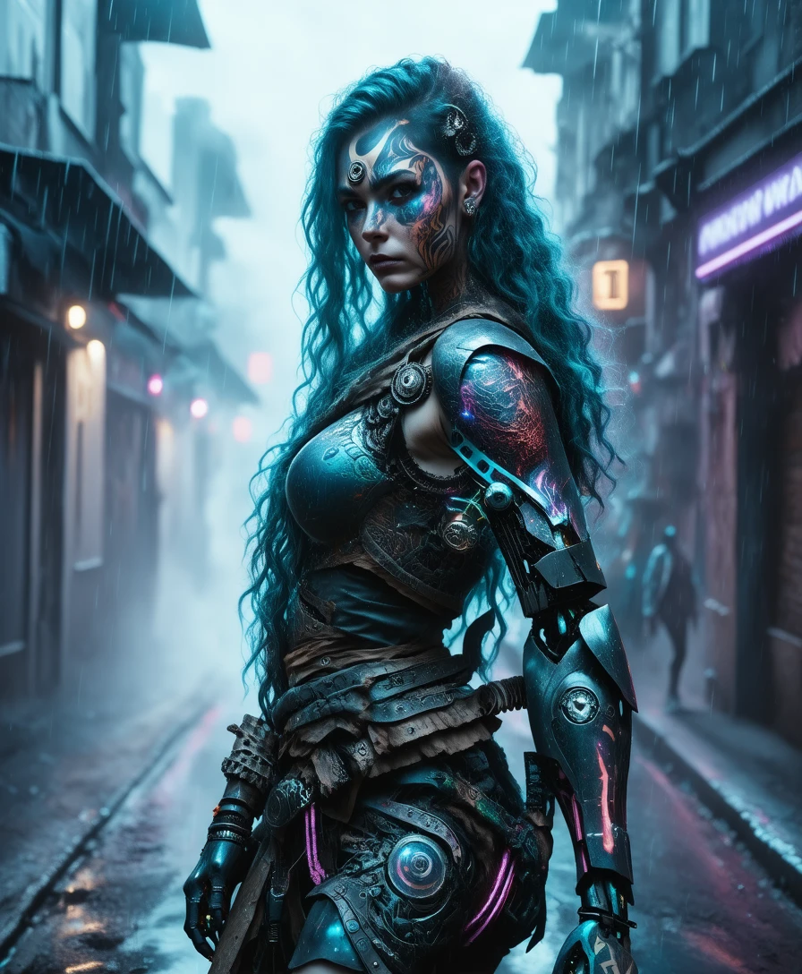 cyberpunk hybrid viking warrior iridescent mechanical tattoos in (cyberpunk style:1.6) posing in rainy dystopian street with mysterious ground fog robotic features ,beautiful neon soft light,vibrant details, luxurious cyberpunk