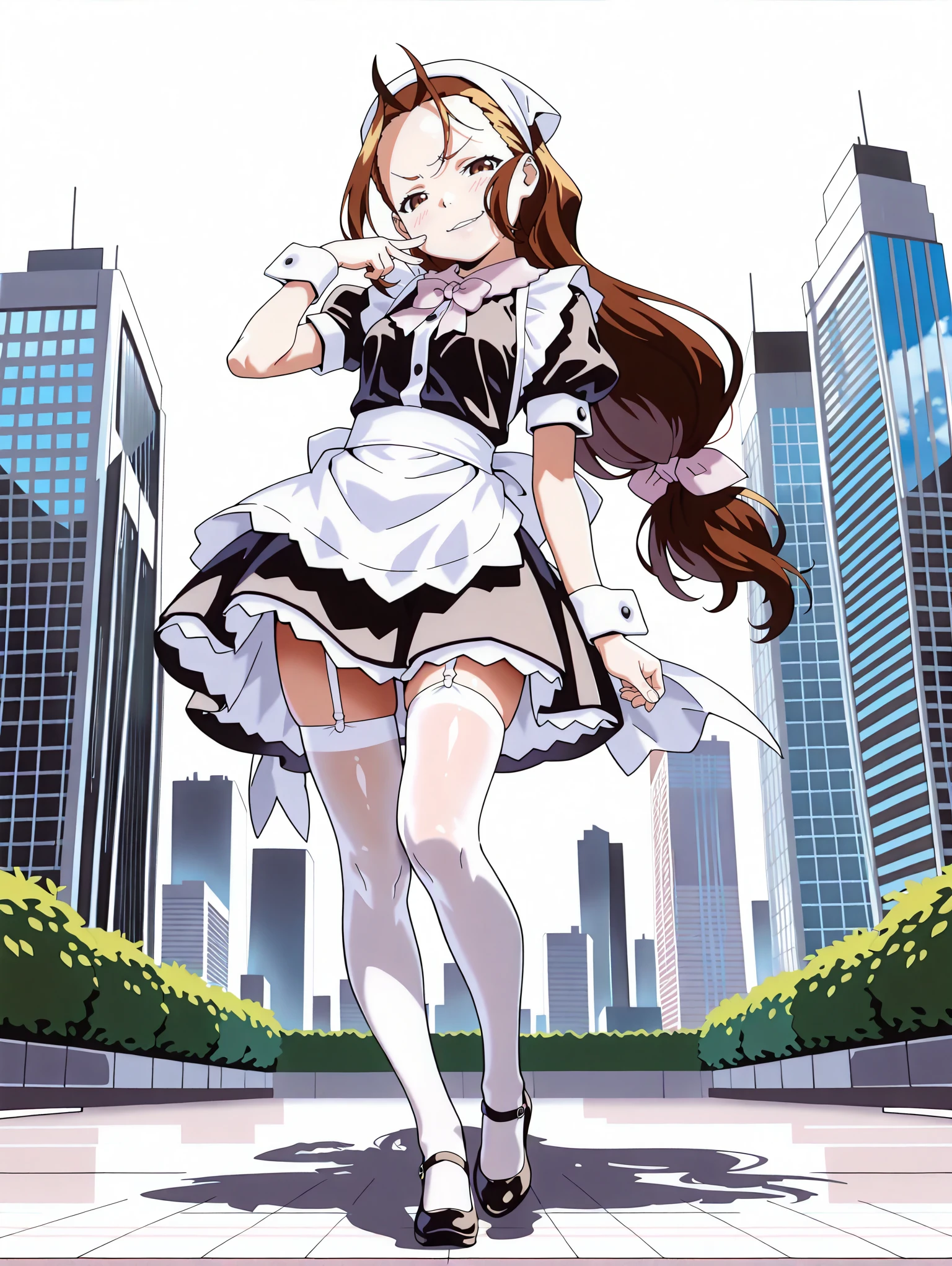 masterpiece,best quality,amazing quality,
1girl,solo,
<lora:madoka_ilxlv1.7:1>,madoka,forehead,brown hair,low-tied long hair,
<lora:Fixhands_anime_bdsqlsz_V1:1>,looking_at_viewer,standing,full body,smirk,smug,apron,short sleeves,wrist cuffs,bow,thighhighs,posing,Skyscraper,maid,white brim,