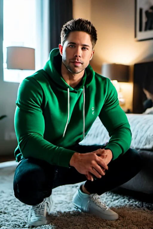 breathtaking cinematic photo masterpiece,highest quality,perfect quality, Dean Geyer a man <lora:Dean-Geyer:1>,wearing a green hoddie,squatting on ground,(wearing a wireless white headphones:1.5),holding gampad,in the bedroom,looking at the camera,cozy scene,35mm photograph,film,bokeh,professional,4k,highly detailed . award-winning,professional,highly detailed,. 35mm photograph,film,bokeh,professional,4k,highly detailed . award-winning,professional,highly detailed,