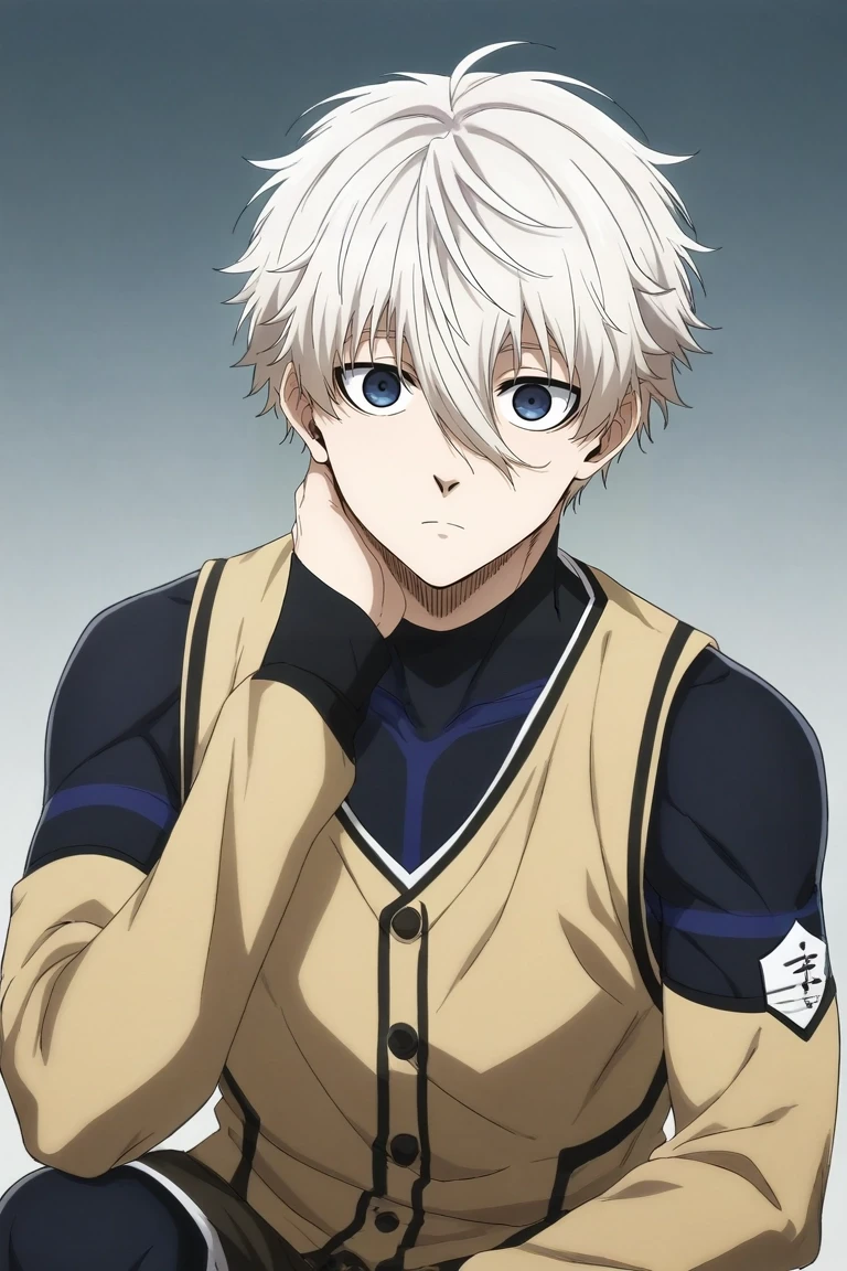 score_9, score_8_up, score_7_up, source_anime, rating_safe, intricate details, semi-realistic, , , 1boy, solo, male focus, <lora:seishirou_nagi_pony:0.96>, seishirou_nagi, white hair, brown eyes, short hair, bangs, hair between eyes, , male Twenty-something Full-figured, East Asian, Blue eyes, Unusual Ears, Receding Chin with Cleft, Graceful Arch of the Foot, , Ash Blonde Angular fringe hair, Astonishment, wearing Shorts, Henley cardigan, , ,, Kneeling, showing humility, <lora:sdxl_lightning_8step_lora:1>