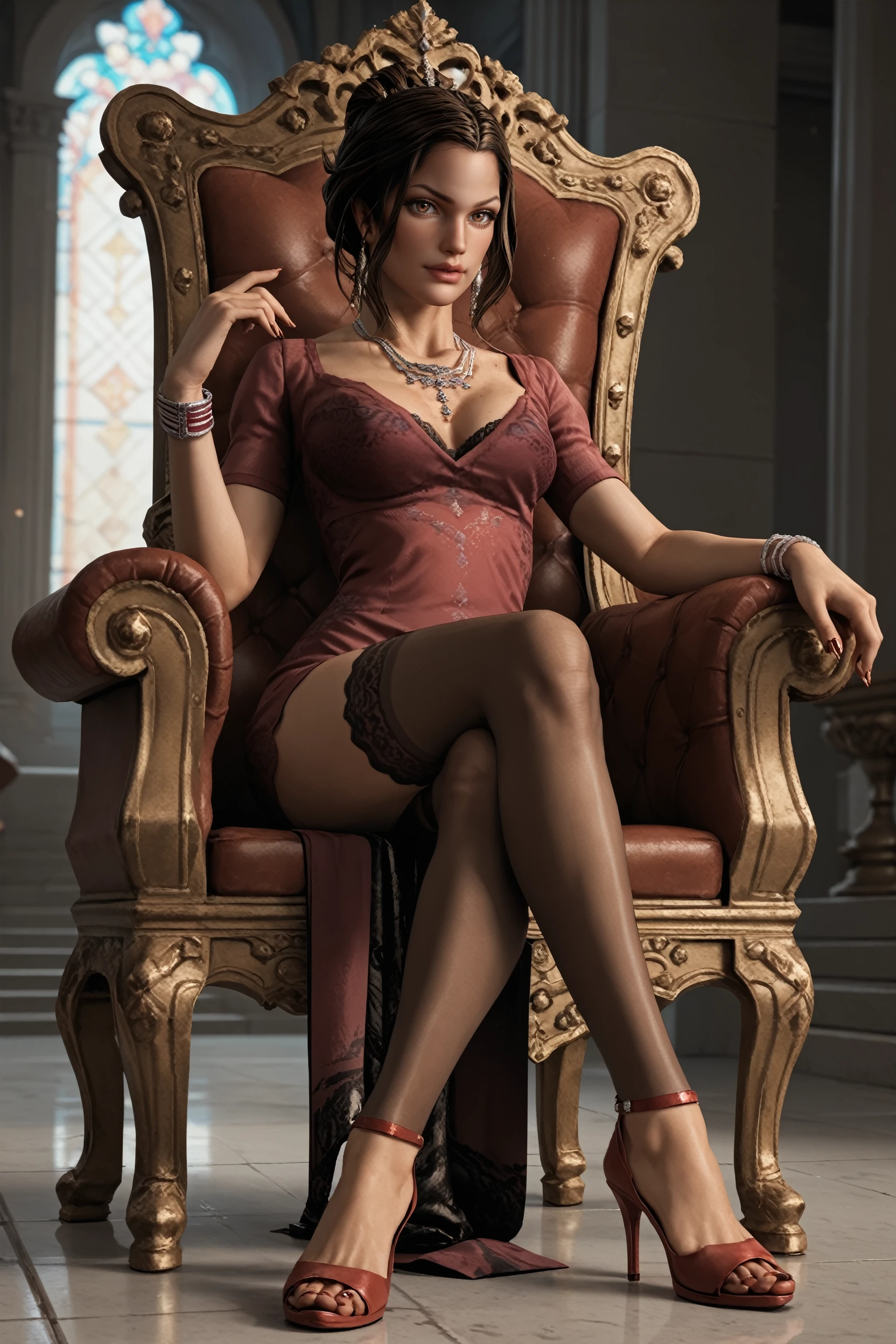 score_9, score_8_up, score_7_up,
<lora:SH4Cynthia:0.8>
SH4Cynthia, 1girl, brown hair, brown eyes, hair updo, looking at viewer, sitting on a throne, legs crossed, thigh highs, high heels, dress, jewelry