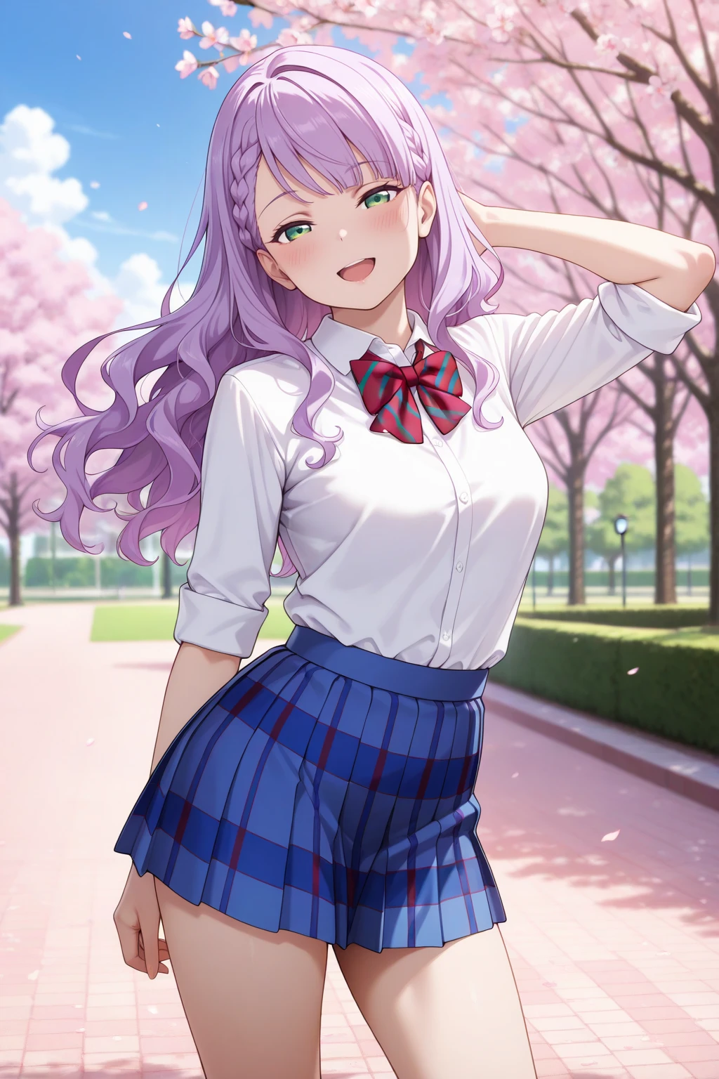 masterpiece, best quality, amazing quality, very aesthetic, absurdres, photorealistic, 1girl, solo,
<lora:wien_izo_IL:0.8>, wien, long hair, wavy hair, purple hair, green eyes, braid,
medium breasts, otonokizaka school uniform, white shirt, collared shirt, sleeves rolled up, shirt tucked in, diagonal-striped bow, diagonal-striped bowtie, plaid skirt, red bowtie, blue skirt, thighs,
half closed eyes, seductive gaze, bedroom eyes, open mouth, smile, happy, head tilt,
blush, looking at viewer, standing, contrapposto, floating hair, hand behind head, arm at side,
blurry background, outdoors, blue sky, clouds, park, cherry blossoms,