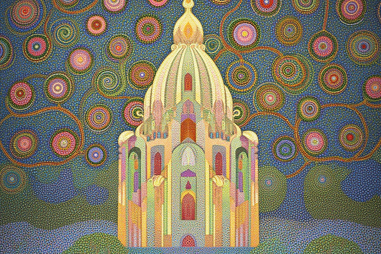 dotted truepointilli painting of an ivory tower with a paisley pattern