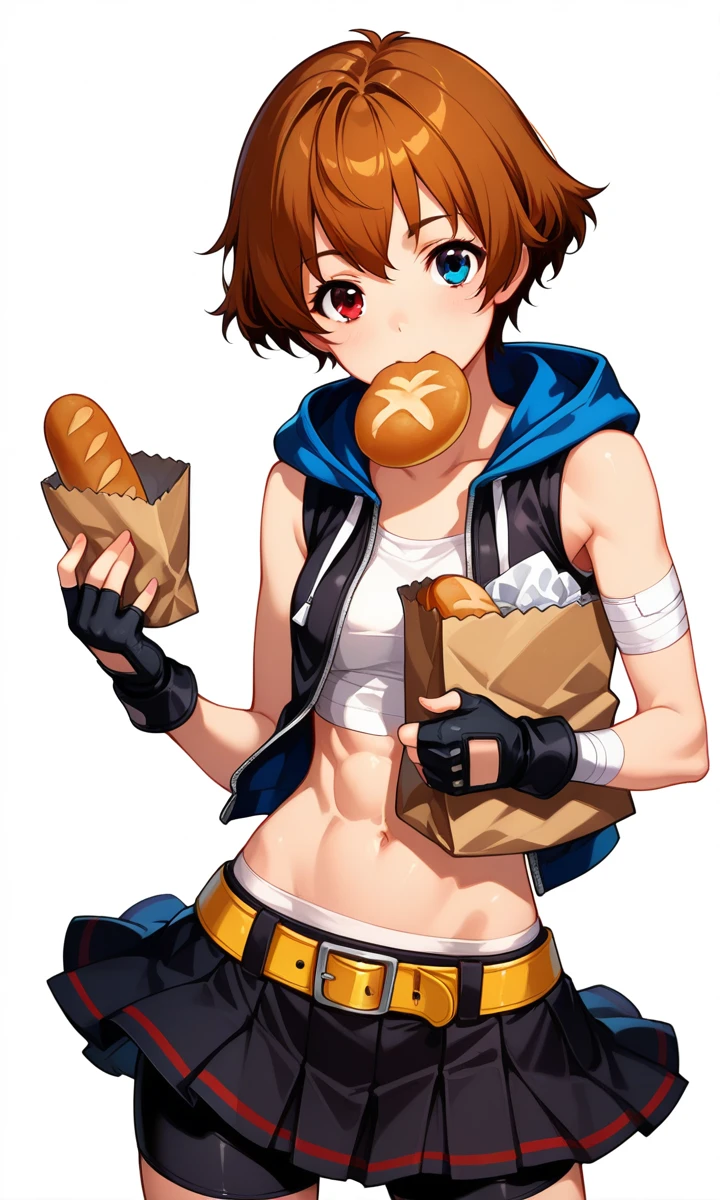 alchilia01f1,Estelle,neutral party,1girl,heterochromia,solo,food,skirt,brown hair,red eyes,short hair,navel,mouth hold,blue eyes,gloves,paper bag,bag,bike shorts,midriff,fingerless gloves,small breasts,bread,bandages,hood,white background,simple background,looking at viewer,pleated skirt,food in mouth,shorts,vest,black gloves,shorts under skirt,hoodie,black skirt,open clothes,grocery bag,transparent background,sleeveless,miniskirt,abs,jacket,masterpiece,best quality,amazing quality,absurdres,<lora:Alchilia_illustrious_0002:0.8>,