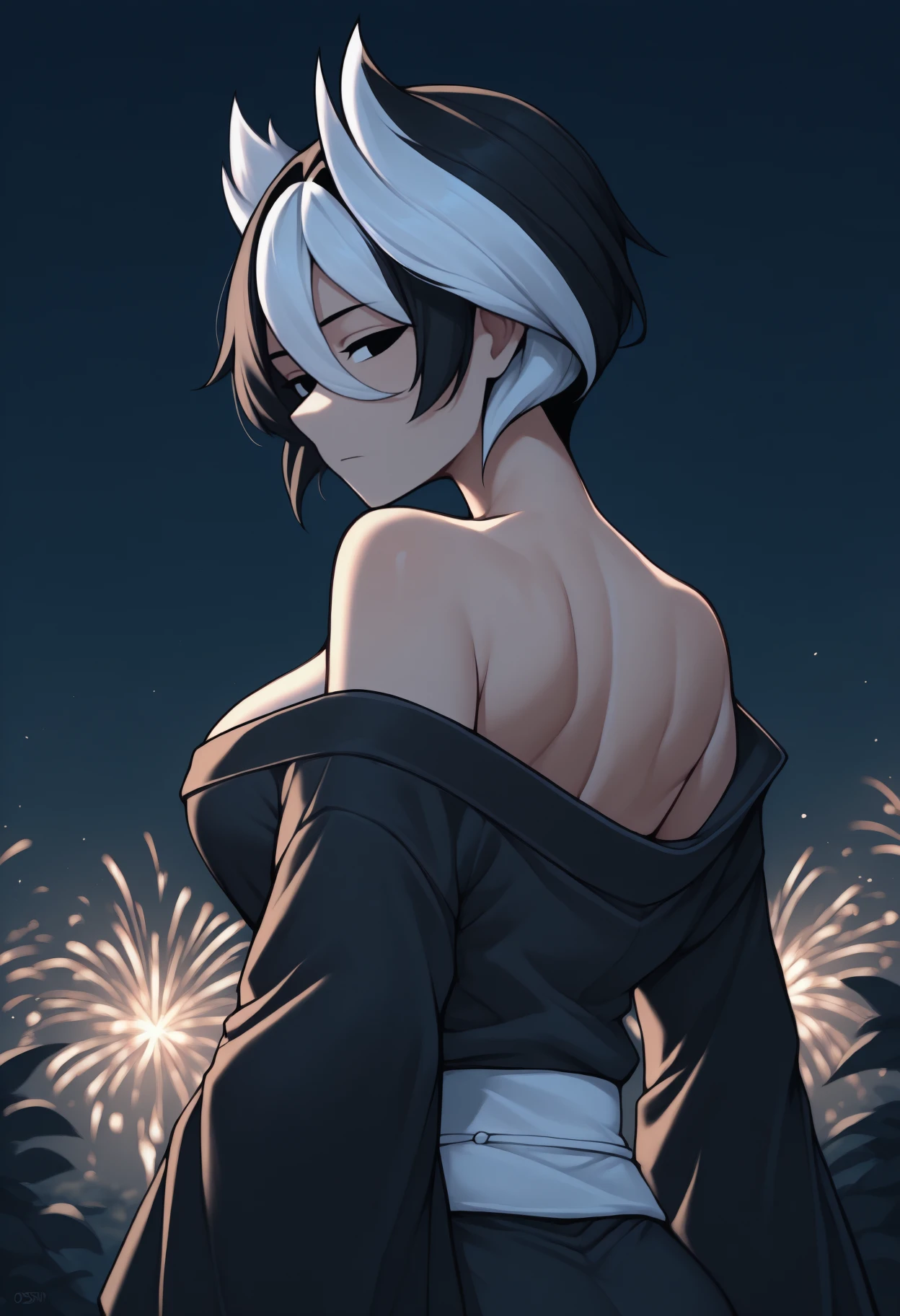 anime, masterpiece, best quality, <break> from behind, solo, 1girl, oz3n, expressionless, looking back, short hair, two-tone hair, black hair, white hair, hair between eyes, black eyes, japanese clothes, black kimono, off shoulder, white sash, bare shoulders, outdoors, night, fireworks
<segment:yolo-Anzhc Face seg 640 v2 y8n.pt,0.4,0.5//cid=1>