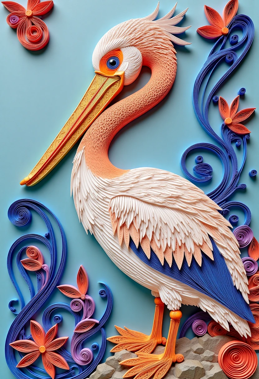 paper quilling, layered paper, pelican, close up, face