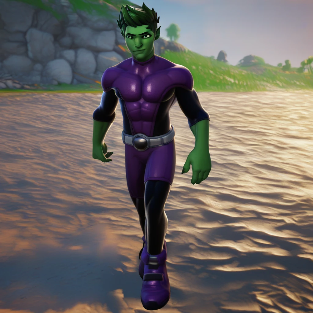 1boy, solo, beast_boy, green skin, short spiky green hair, green eyes, Purple bodysuit with black accents on the arms and legs,silver utility belt with a round metallic buckle at the center,purple boots with black straps,purple shoes,